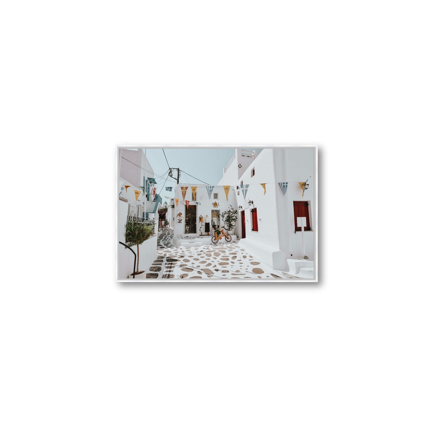 Cruising The Streets Mykonos Greek island wall art Medium fine art canvas in white float frame