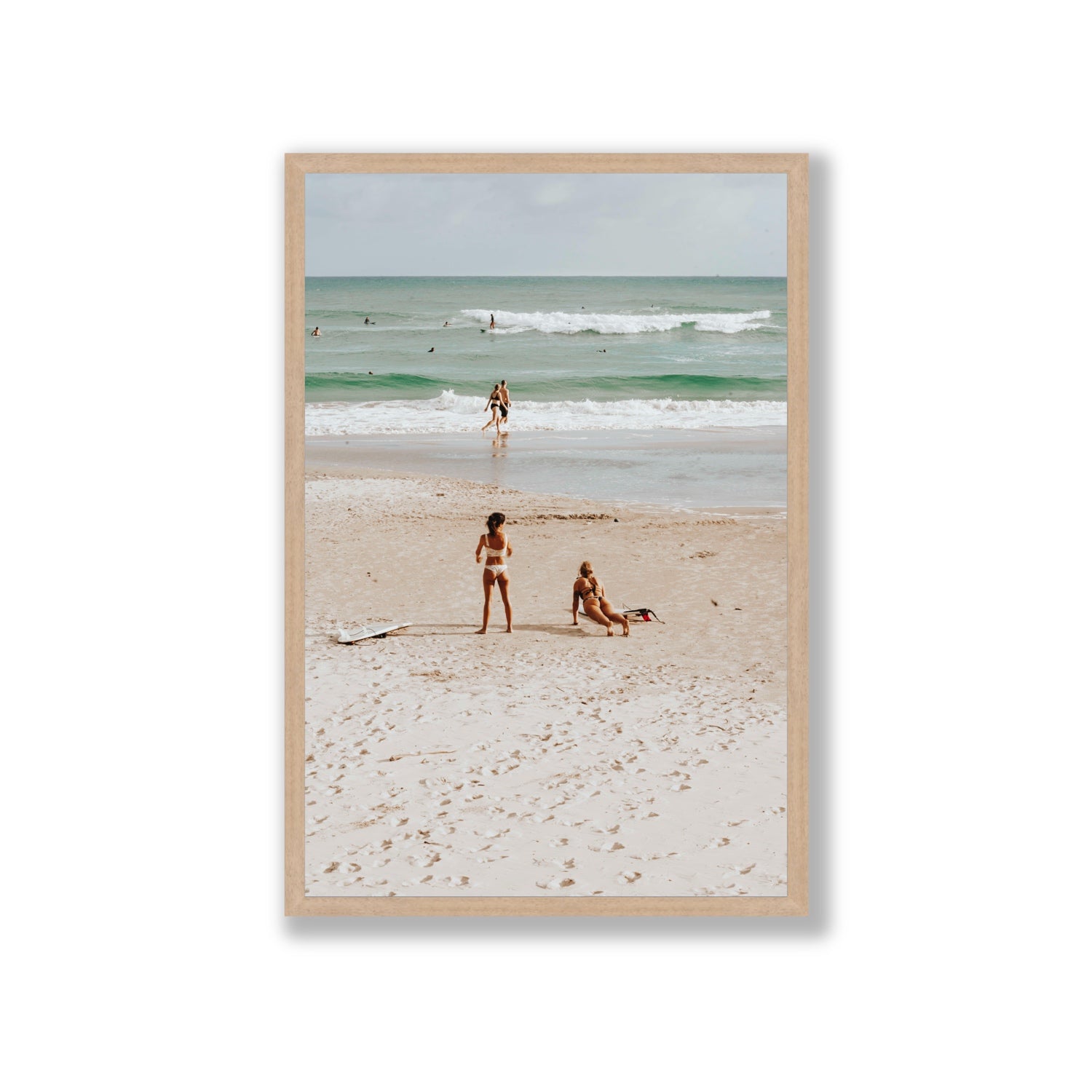 Gidget & Betty Byron Bay beach coastal wall art Giant full-bleed fine art print in natural oak frame