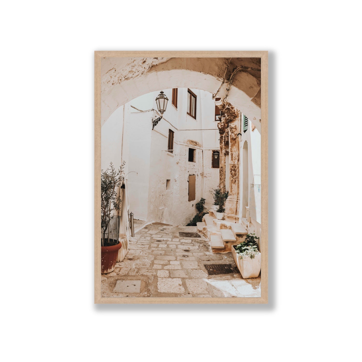 Pathway Wander Puglia Ostuni wall art Giant full-bleed fine art print in natural oak frame