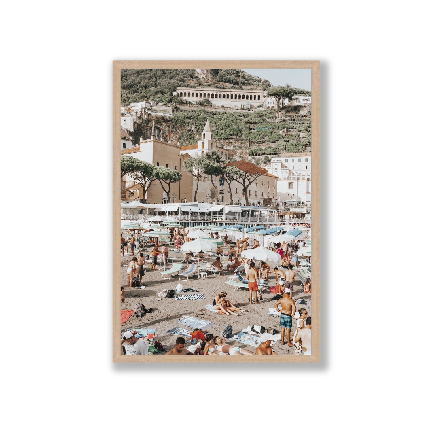 Festa In Spiaggia Amalfi coastal wall art Giant full-bleed fine art print in natural oak frame