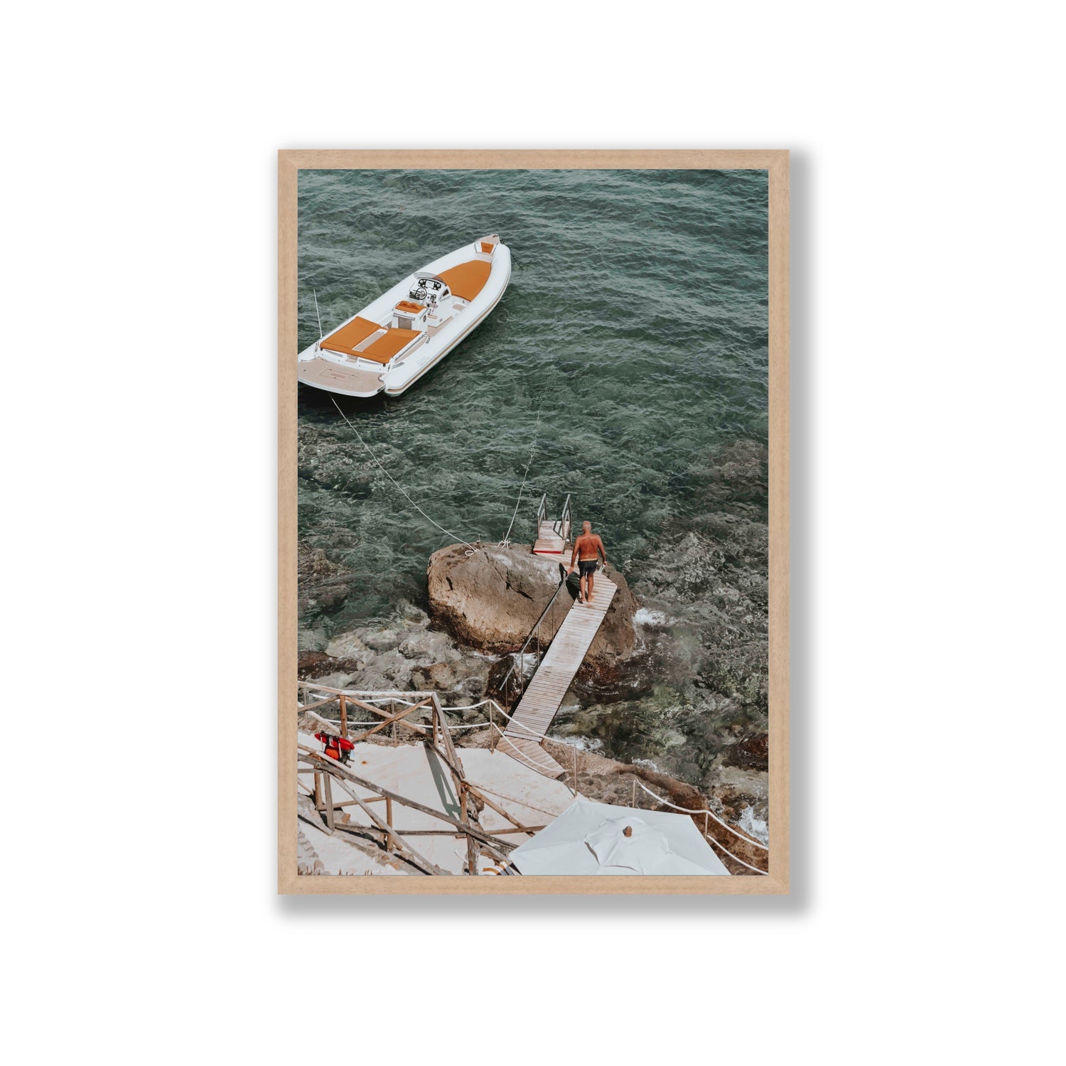 Secret Cove Tuscany coastal Italian wall art Giant full-bleed fine art print in natural oak frame
