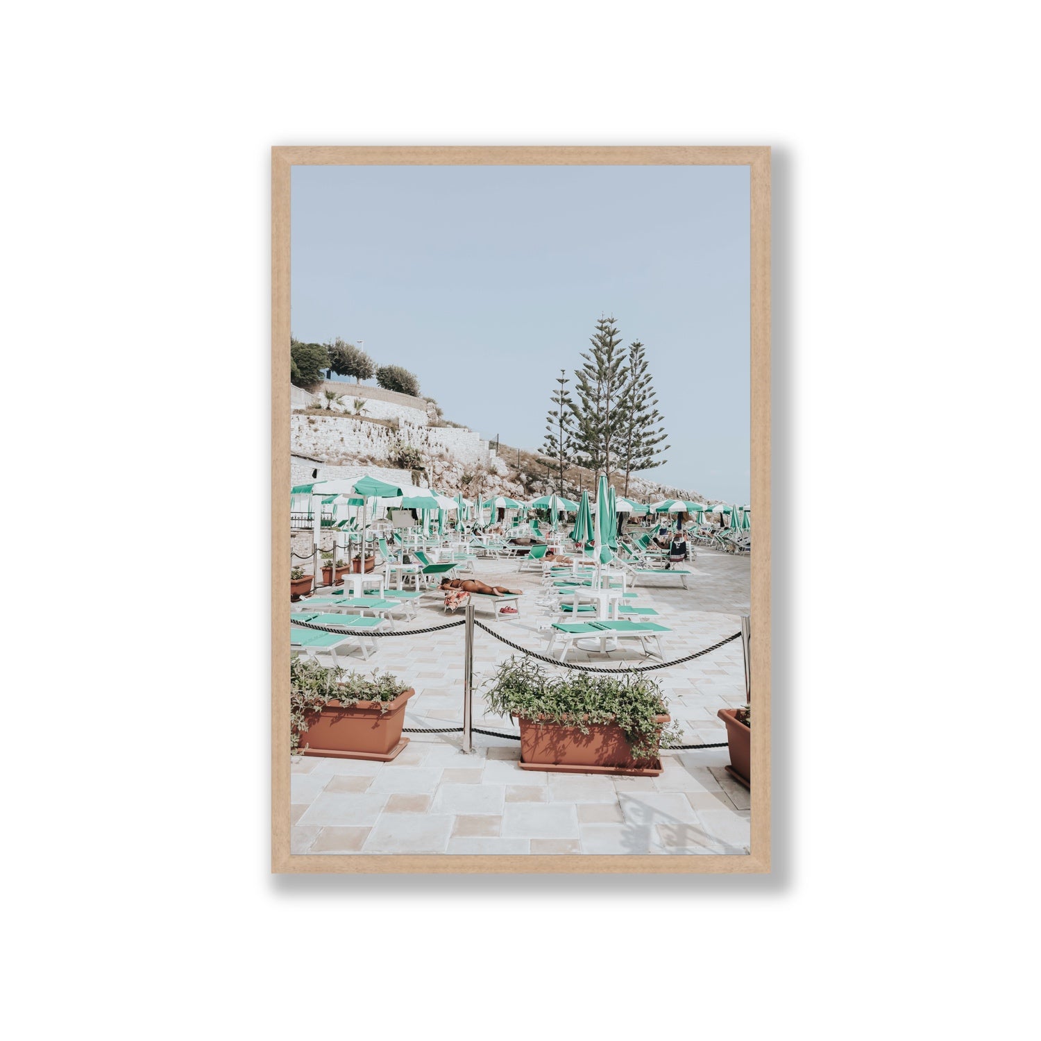 Siesta on The Terrace Puglia coastal wall art Giant full-bleed fine art print in natural oak frame