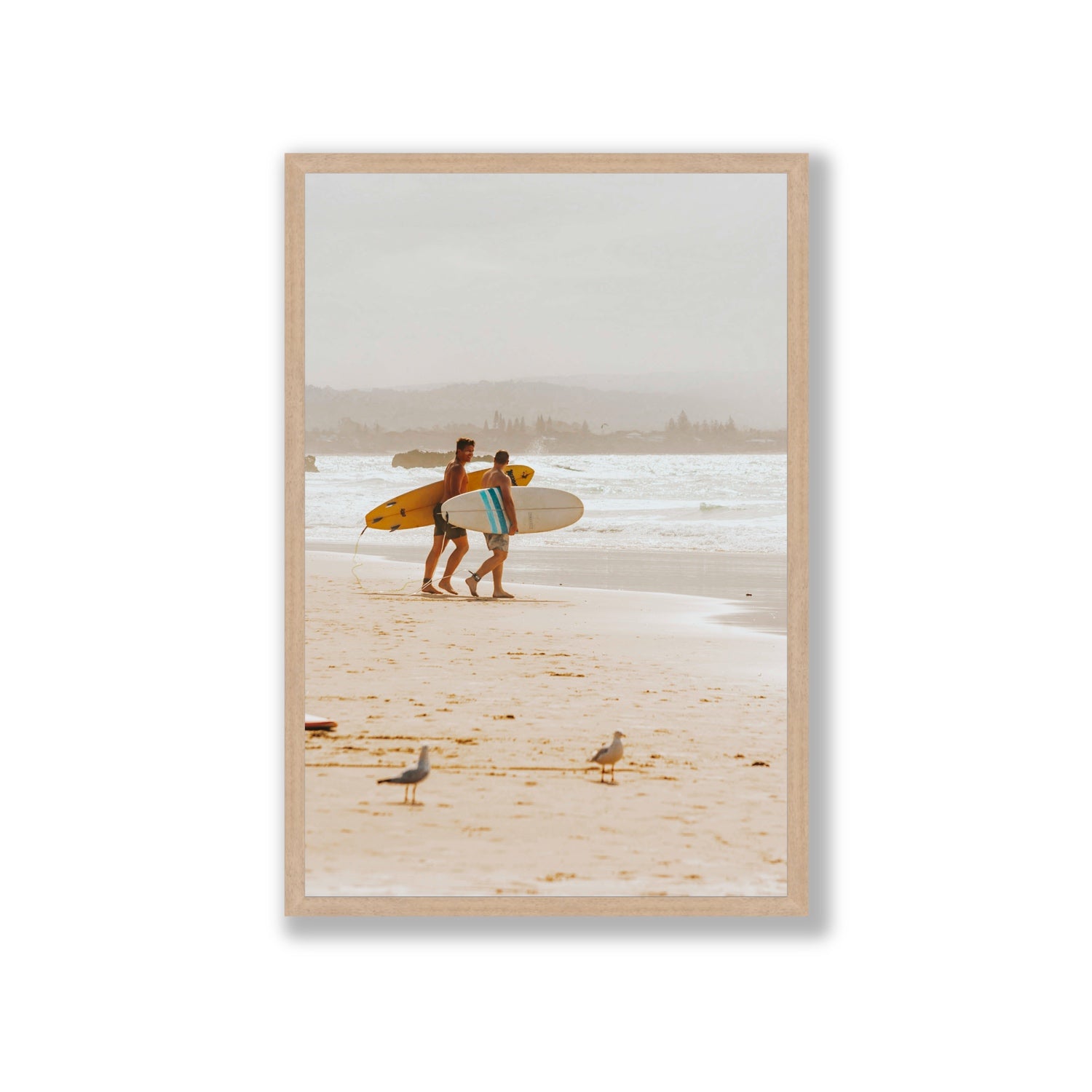 Shane & Benji Byron Bay Surf coastal wall art Giant full-bleed fine art print in natural oak frame