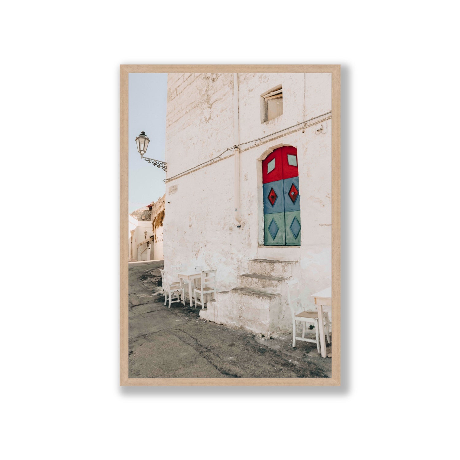 Doorway Delight Puglia Ostuni wall art Giant full-bleed fine art print in natural oak frame
