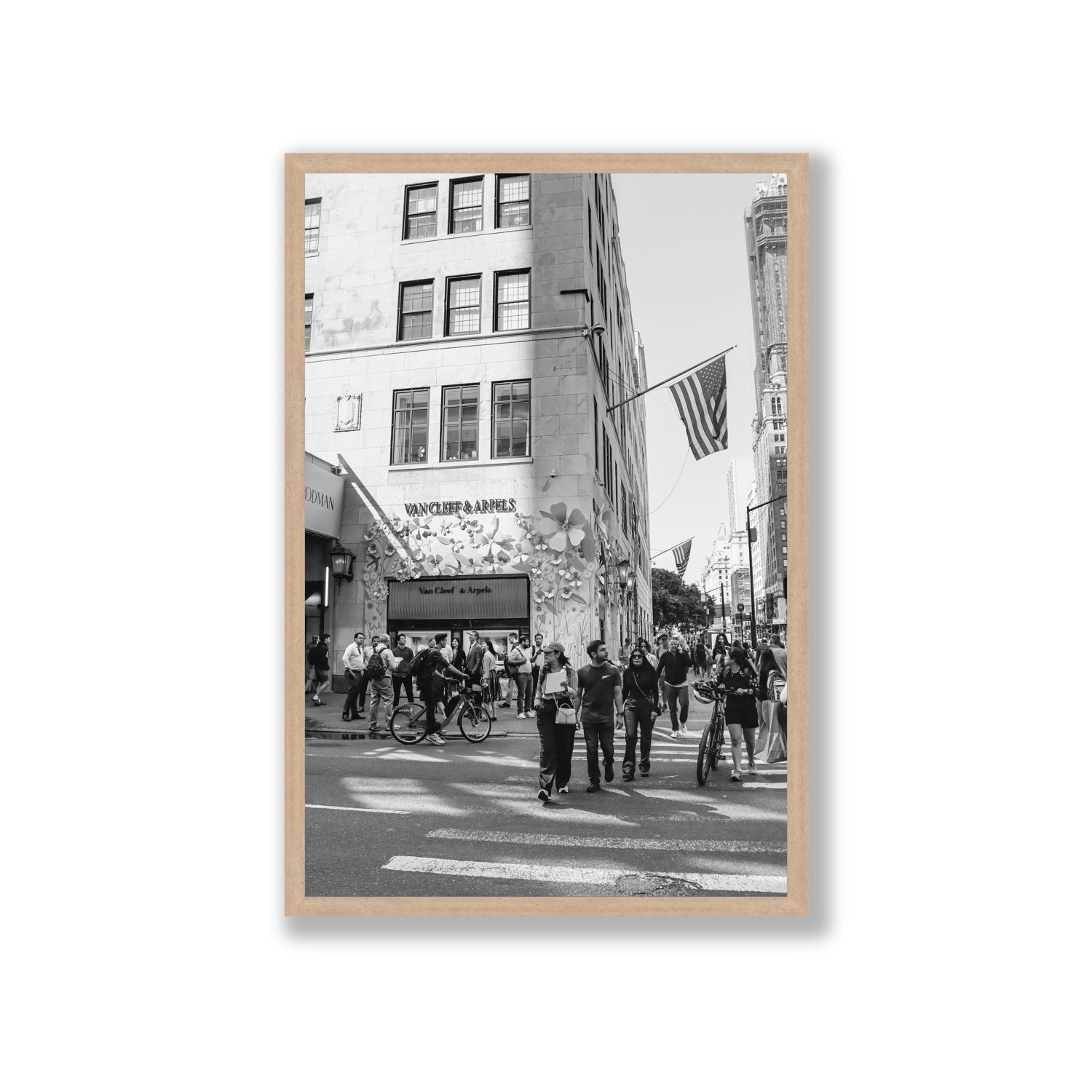 Sidewalk Shuffle New York NYC Black & White wall art Giant full-bleed fine art print in natural oak frame