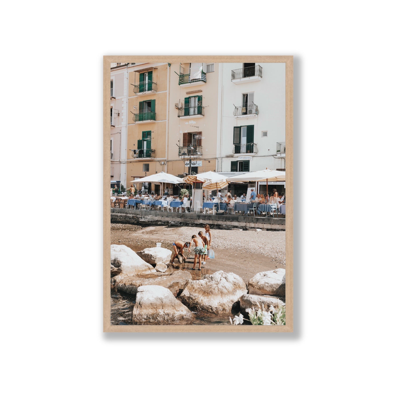 Sunny Playtime Sorrento coastal wall art Giant full-bleed fine art print in natural oak frame