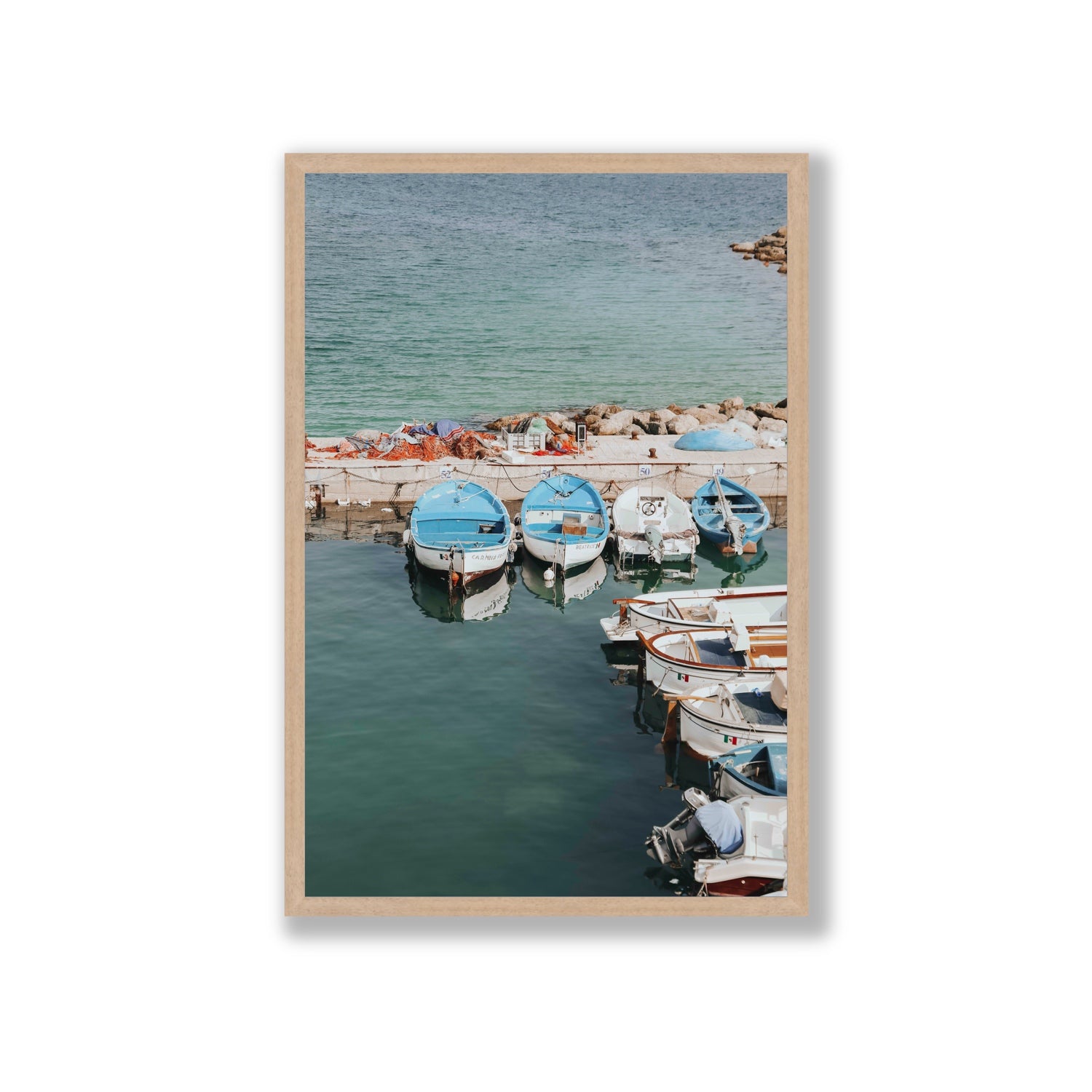 Maritime Memories Puglia Harbour Reflections coastal wall art Giant full-bleed fine art print in natural oak frame