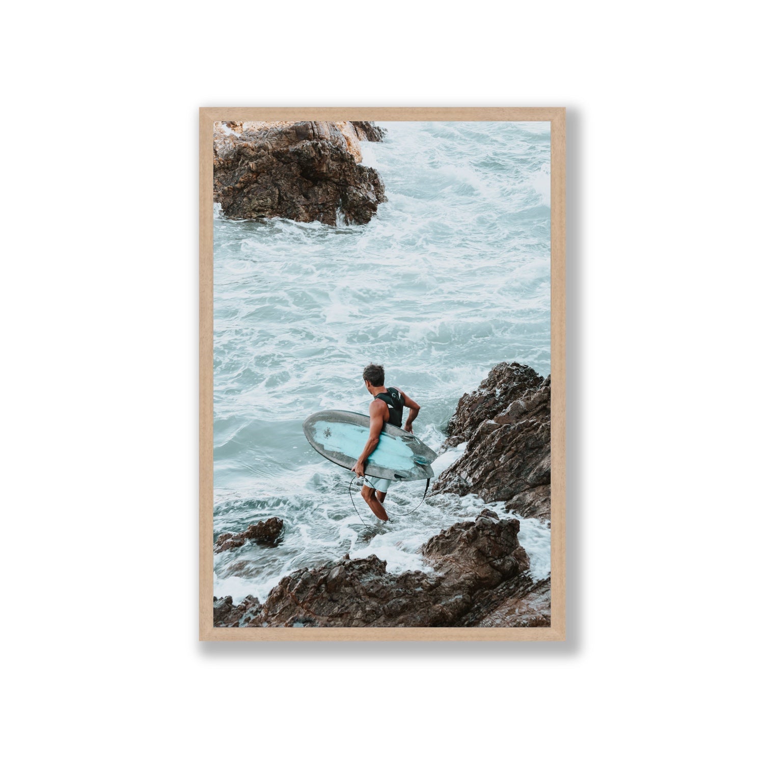 Into The Soup Byron Bay Surf coastal wall art Giant full-bleed fine art print in natural oak frame