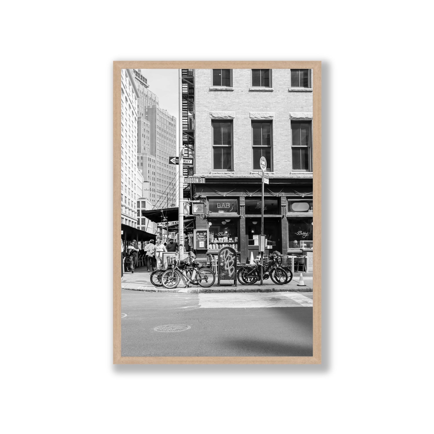 Bites Of The Big Apple New York NYC Black & White wall art Giant full-bleed fine art print in natural oak frame