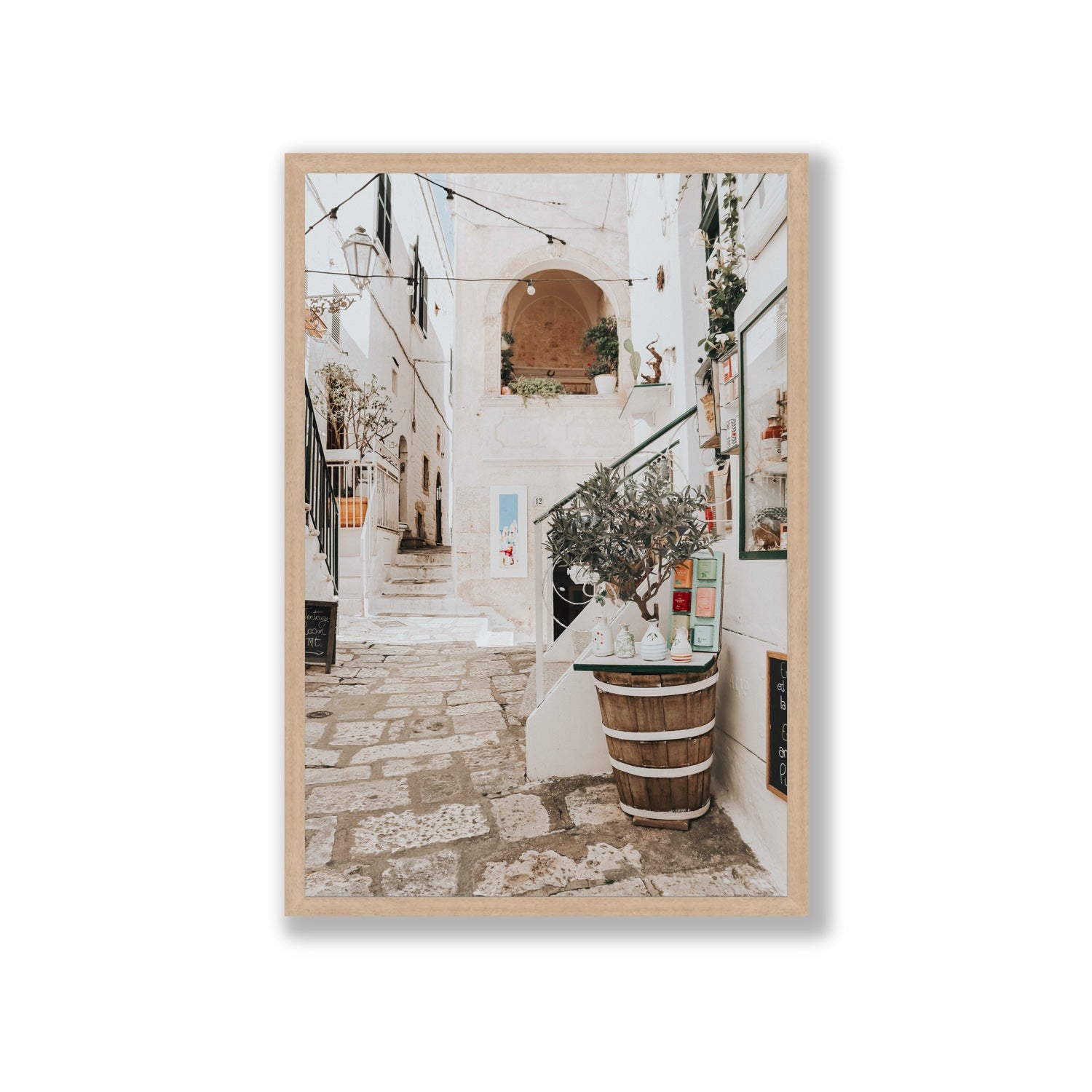 Olive Tree Lane Puglia Ostuni Mediterranean decor wall art Giant full-bleed fine art print in natural oak frame