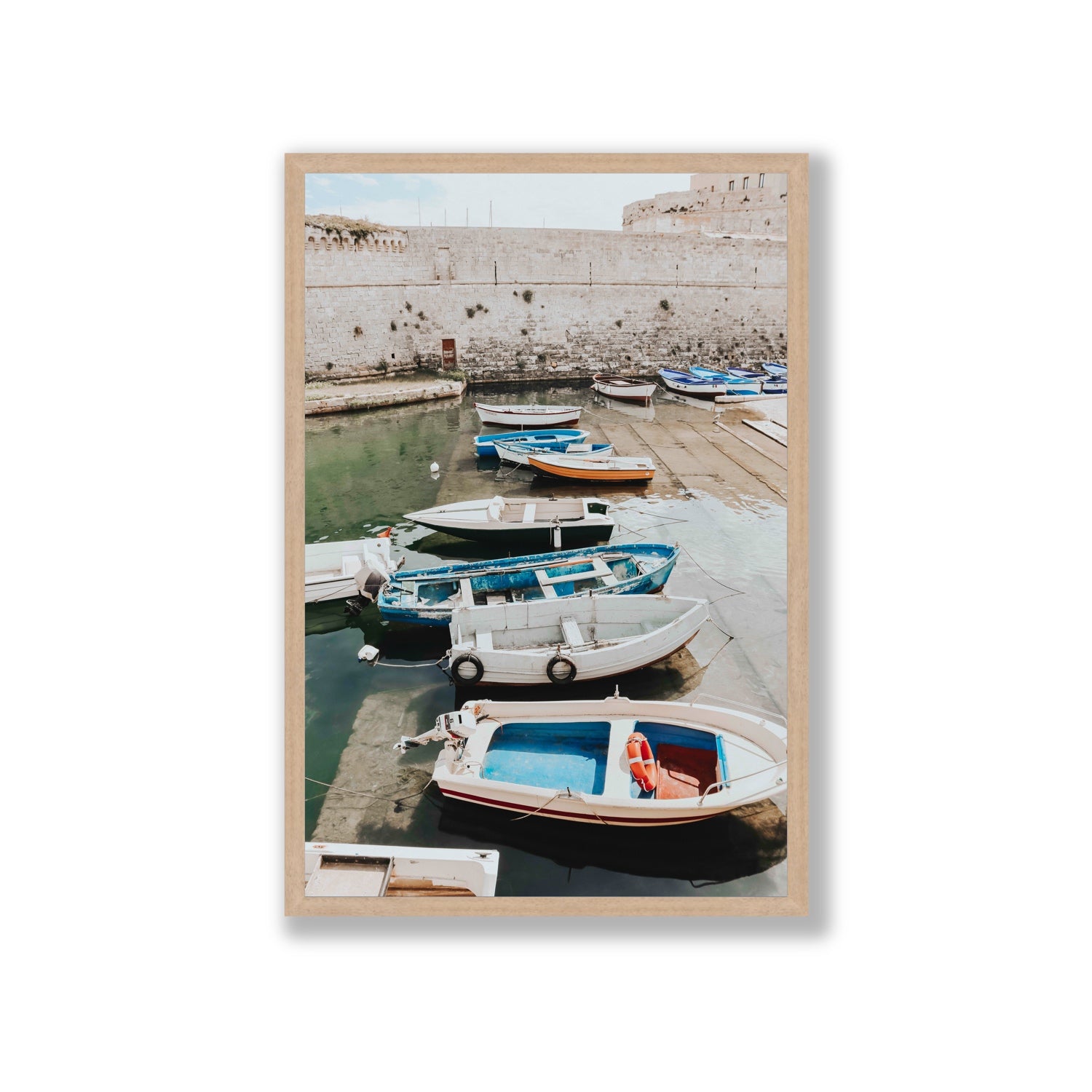 Harbour Palette Puglia coastal photography wall art Giant full-bleed fine art print in natural oak frame