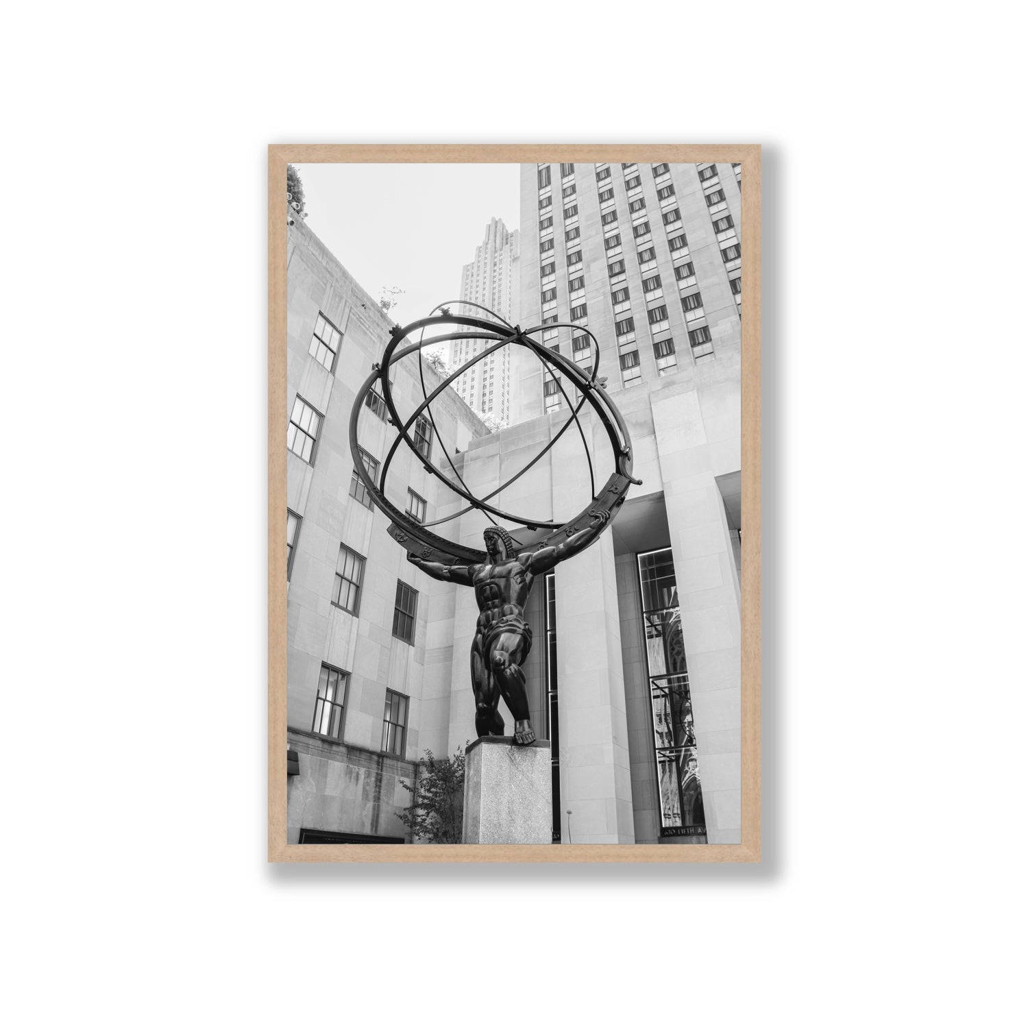 Atlas Ascends New York NYC Black & White wall art Giant full-bleed fine art print in natural oak frame