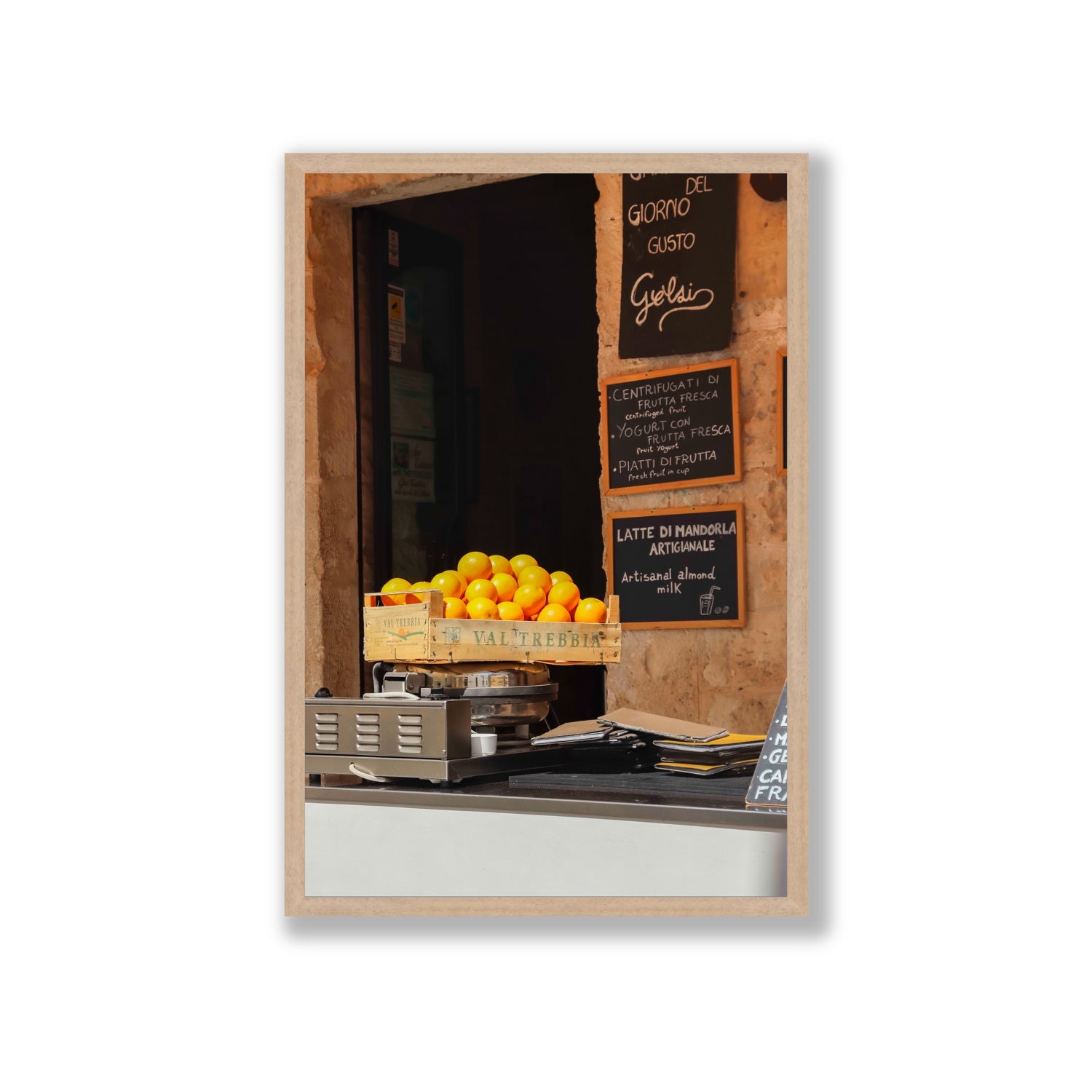 Luminous Citrus Puglia Ostuni Italian wall art Giant full-bleed fine art print in natural oak frame