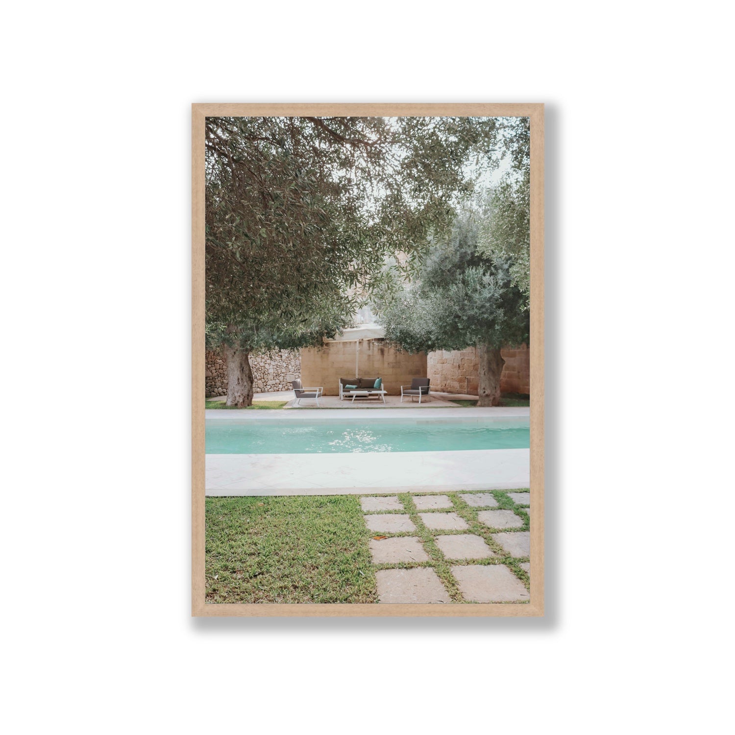Idyllic Escape Puglia Mediterranean wall art Giant full-bleed fine art print in natural oak frame