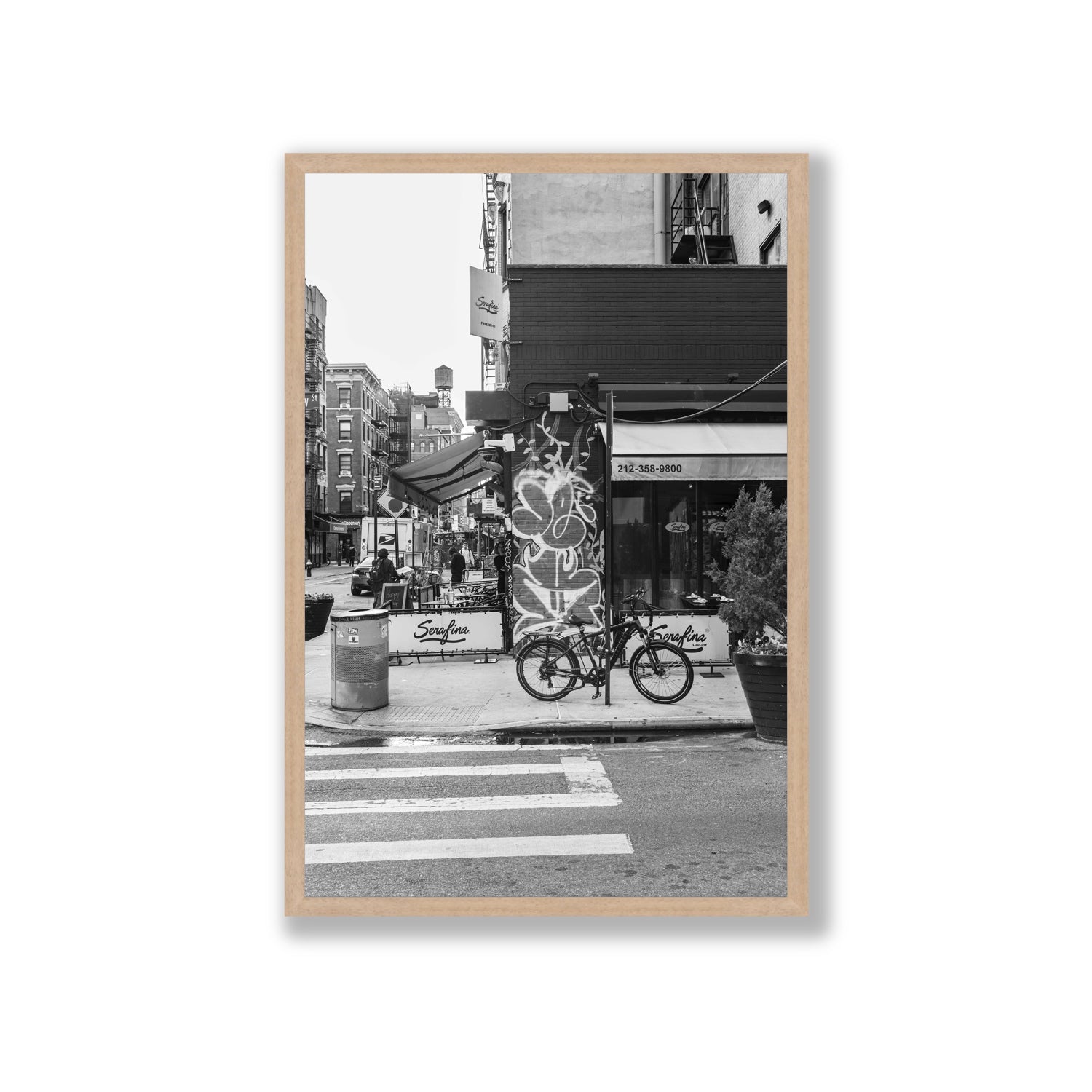 Cafe Canvas New York NYC Black & White wall art Giant fine art canvas in natural oak frame view 2