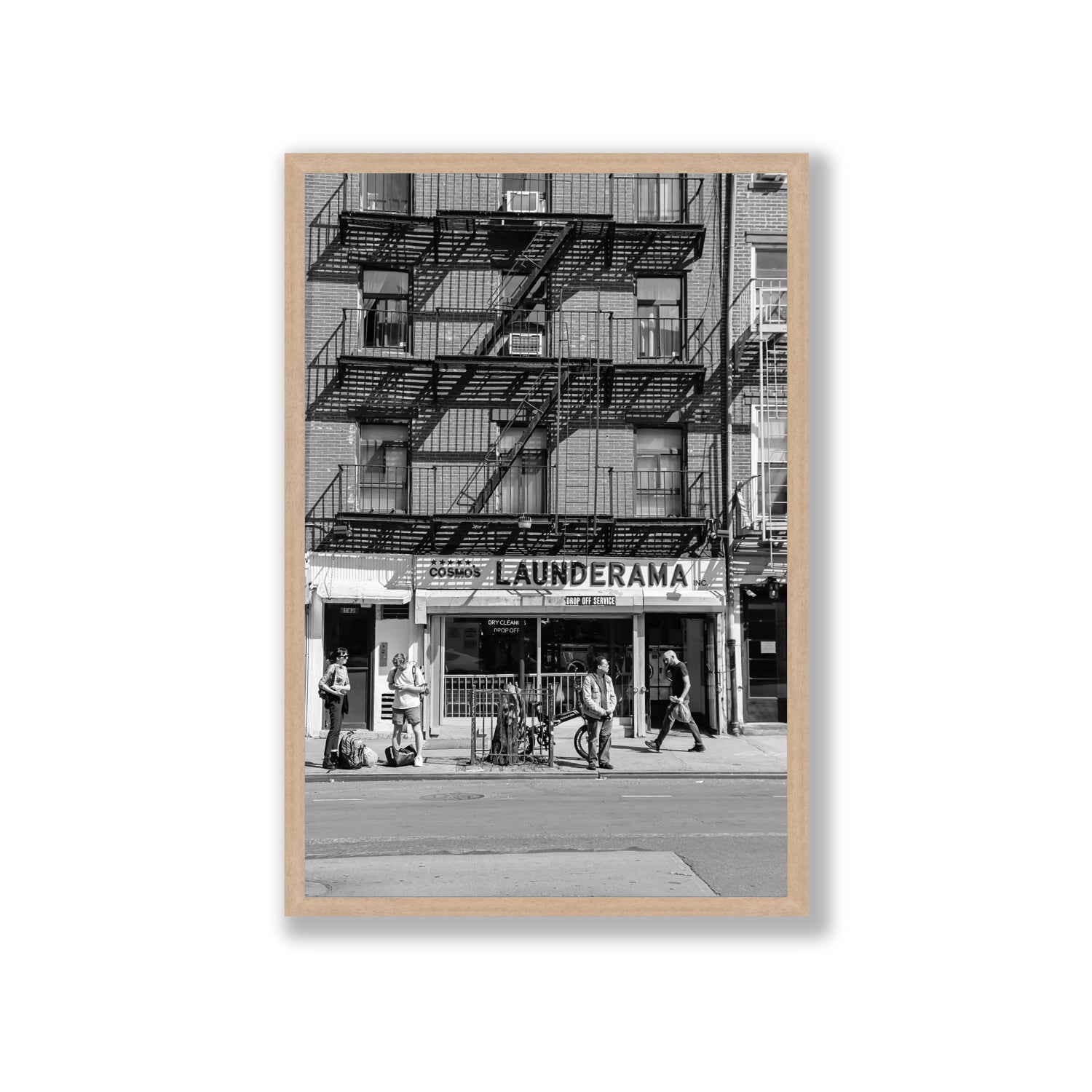 Bus Stop New York NYC Black & White wall art Giant full-bleed fine art print in natural oak frame