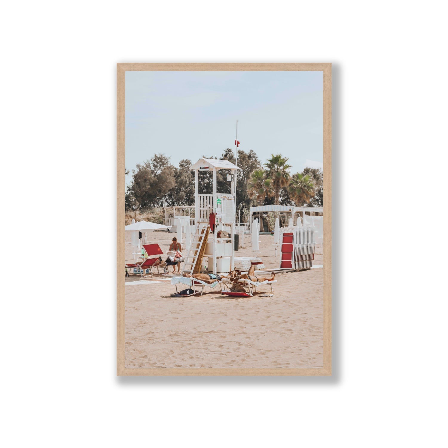 Red Lounge Reverie Puglia beach coastal wall art Giant full-bleed fine art print in natural oak frame