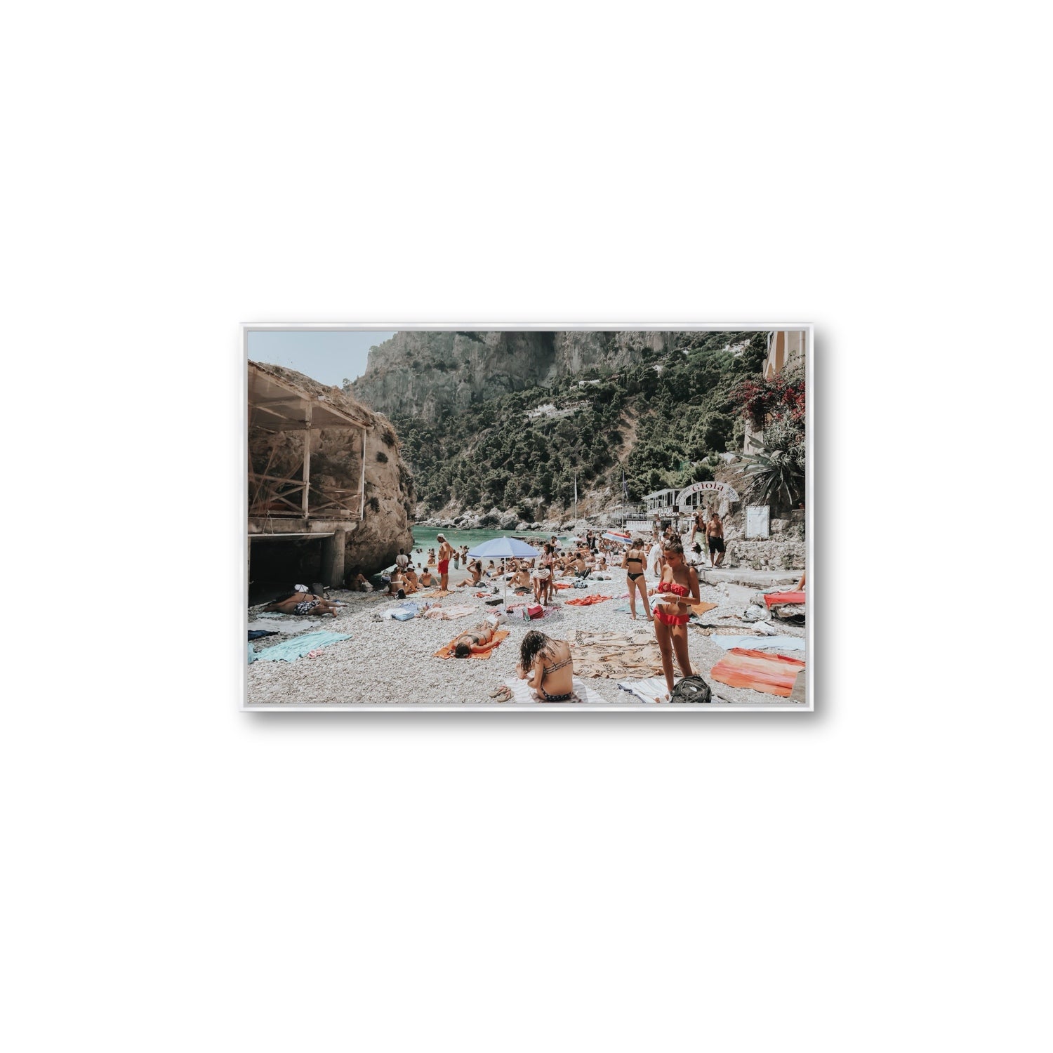 Spiaggia Da Gioia Capri beach coastal wall art Large fine art canvas in white float frame