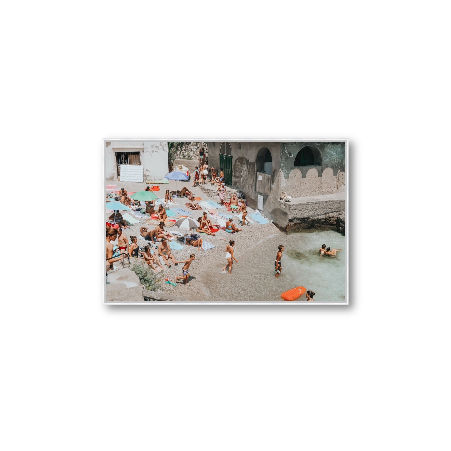 Heatwave Capri beach coastal wall art Large fine art canvas in white float frame