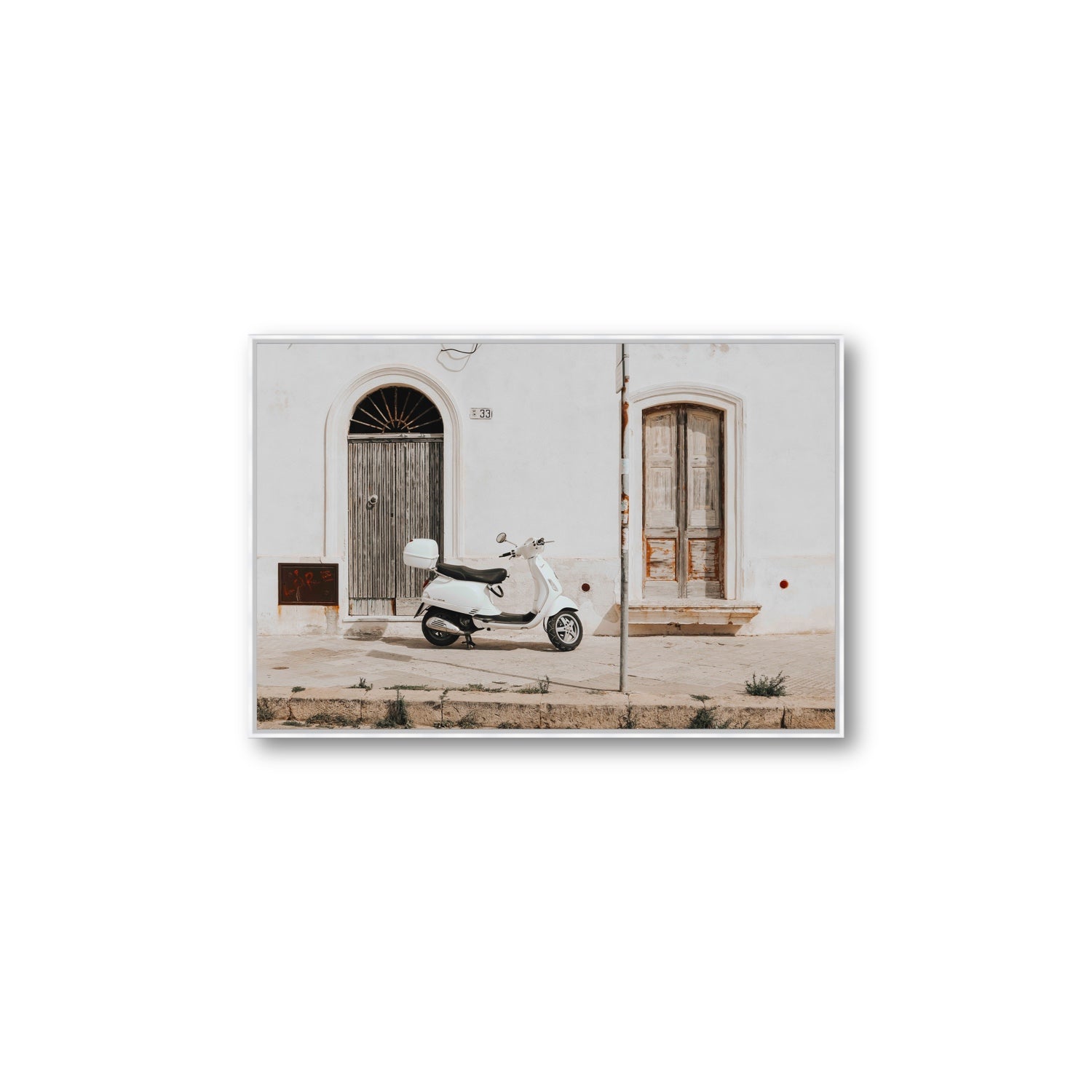 Vespa Nostalgia Puglia Italian wall art Large fine art canvas in white float frame