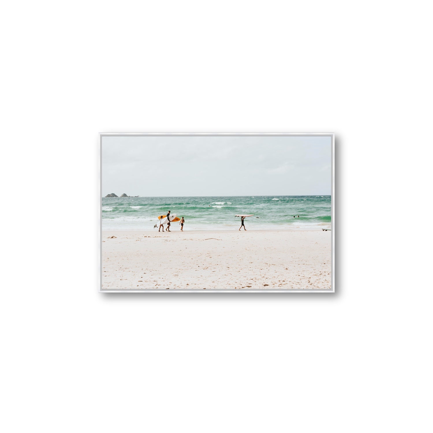 La Famiglia Byron Bay Family Surf coastal wall art Large fine art canvas in white float frame