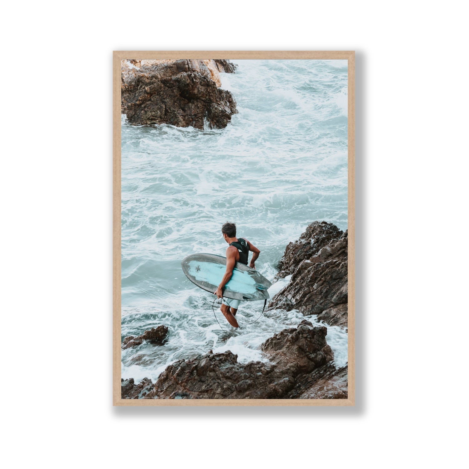 Into The Soup Byron Bay Surf coastal wall art Gallery full-bleed fine art print in natural oak frame