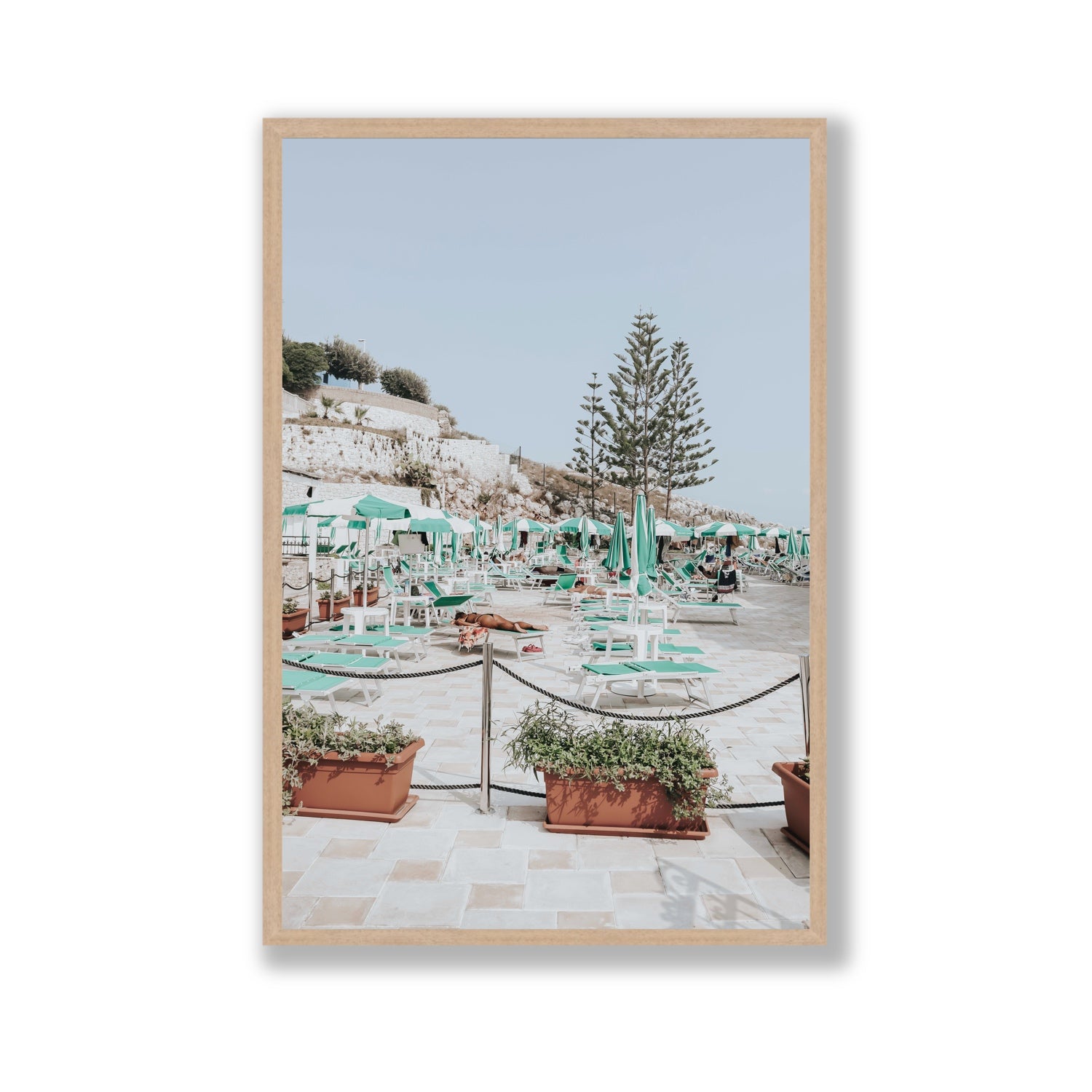 Siesta on The Terrace Puglia coastal wall art Gallery full-bleed fine art print in natural oak frame