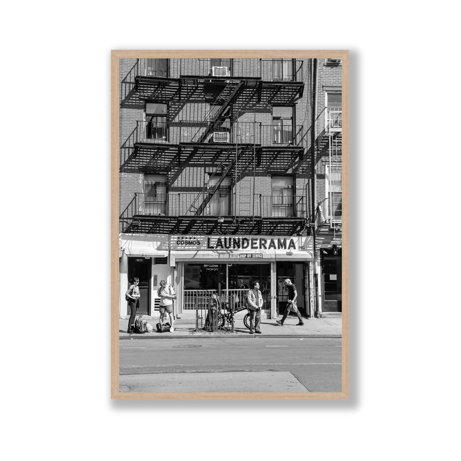 Bus Stop New York NYC Black & White wall art Gallery full-bleed fine art print in natural oak frame
