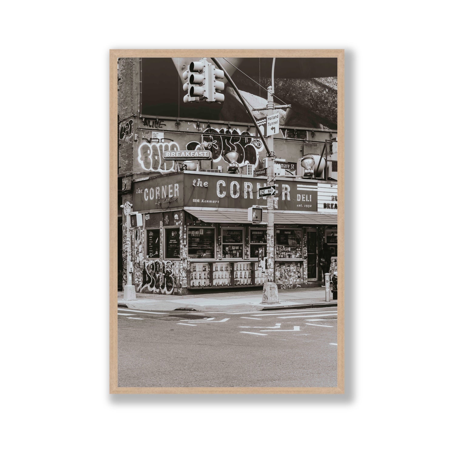 Soho Deli New York NYC Black & White wall art Gallery full-bleed fine art print in natural oak frame