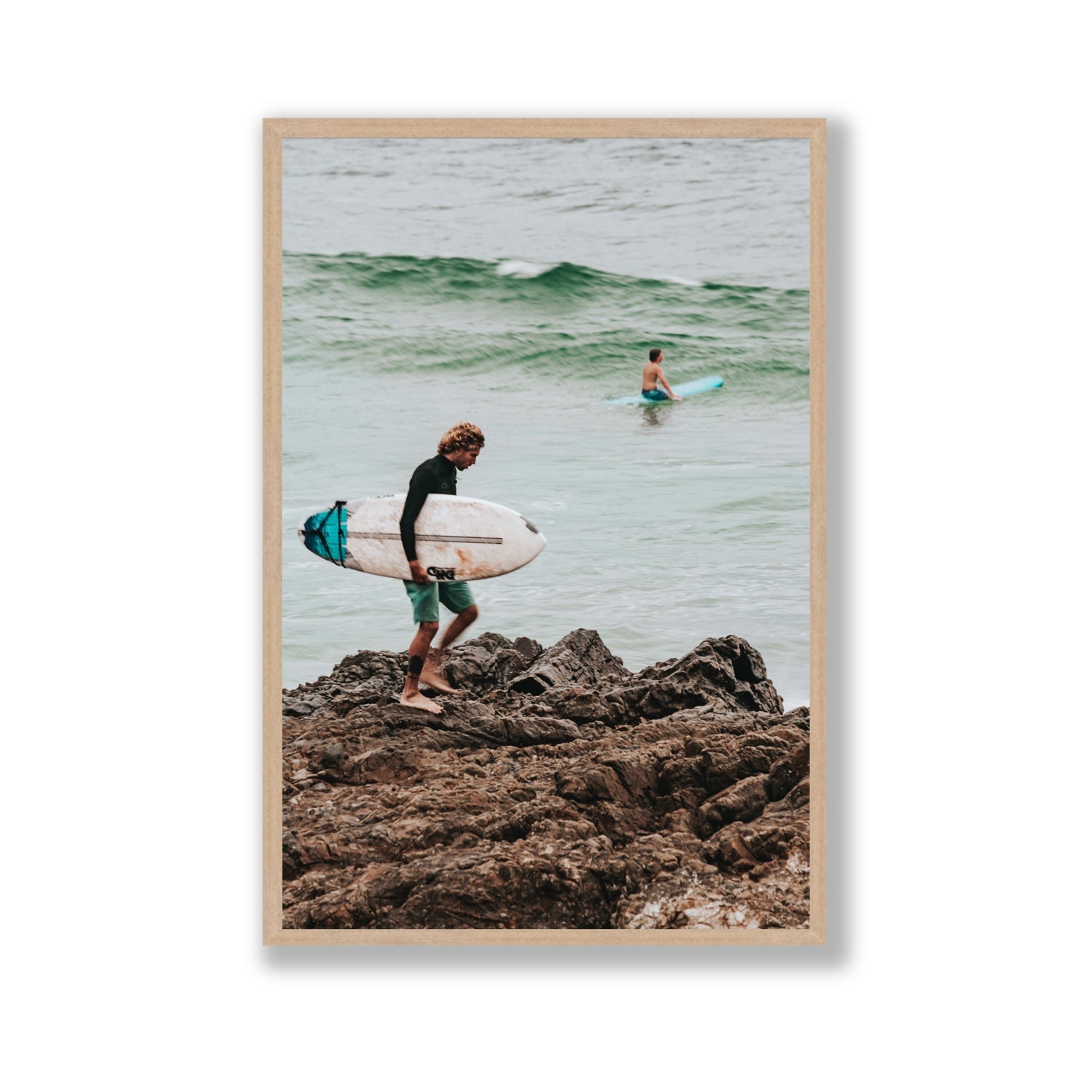 Not All Who Wander Are Lost Byron Bay Surf wall art Gallery full-bleed fine art print in natural oak frame