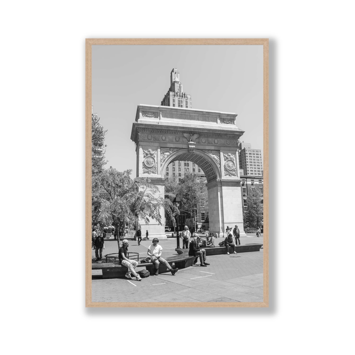 City Picnic New York NYC Black & White wall art Gallery full-bleed fine art print in natural oak frame