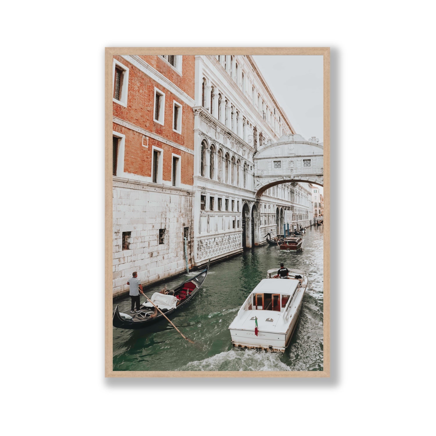 Under the Bridge Venice Gondola Italian wall art Gallery full-bleed fine art print in natural oak frame