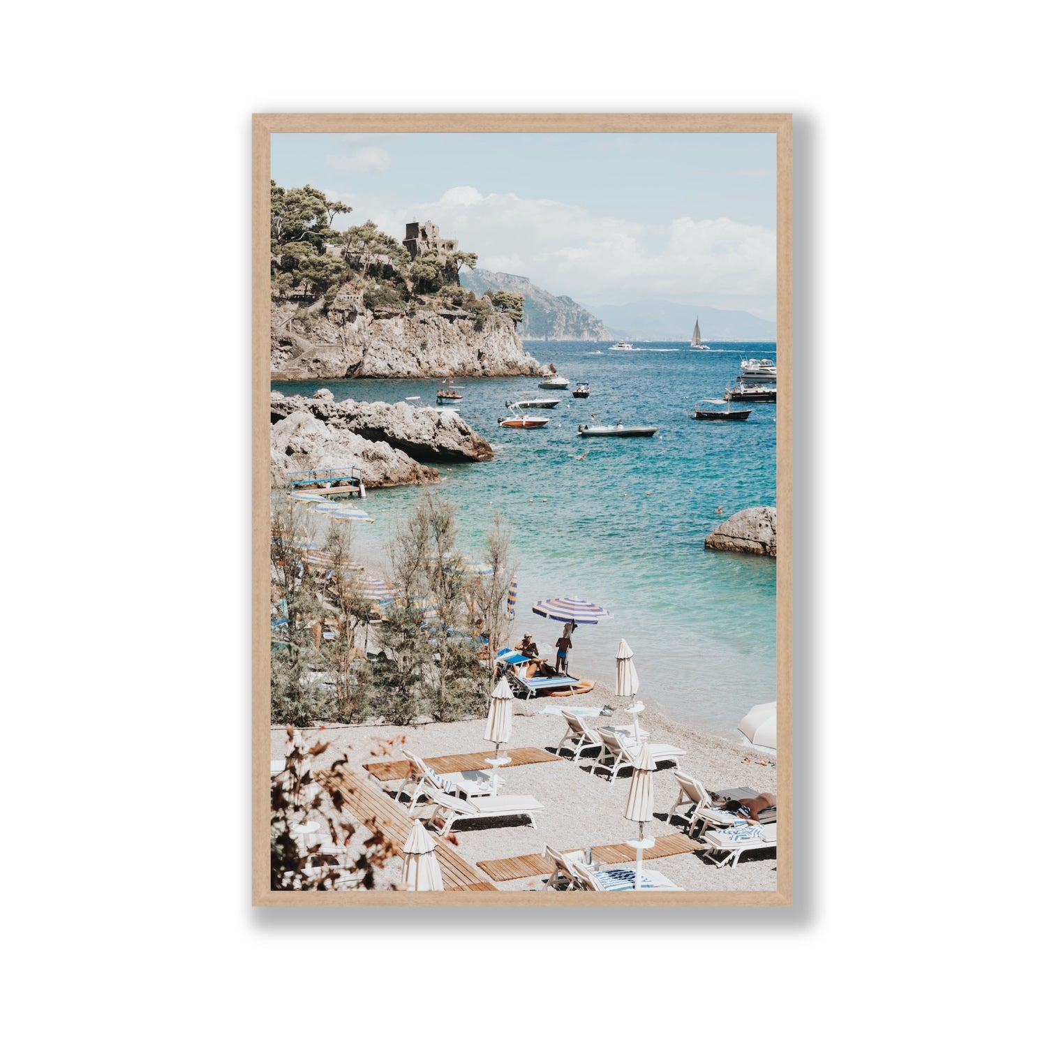 Sizzling Summer Days Amalfi coastal wall art Gallery full-bleed fine art print in natural oak frame