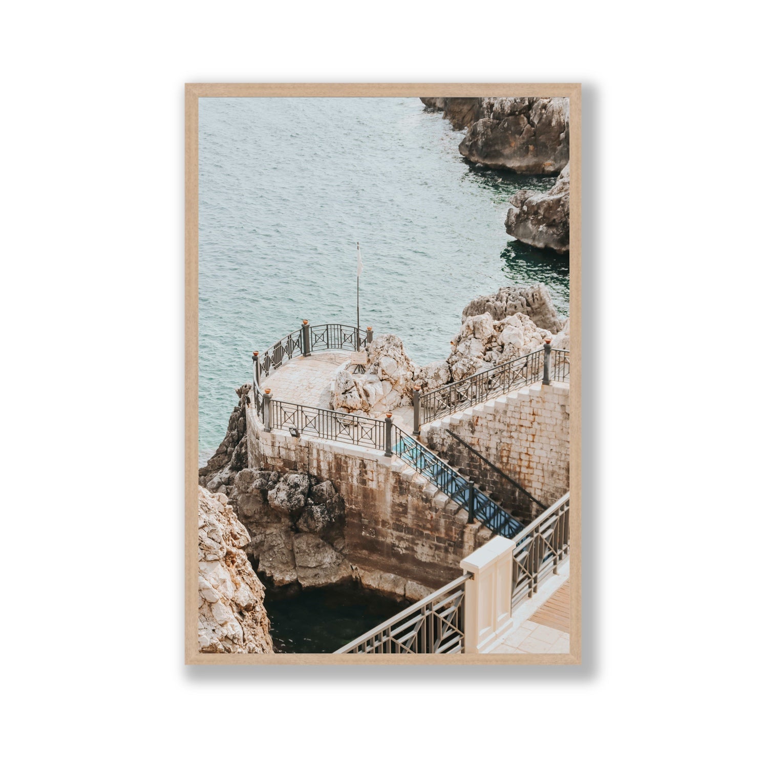 Tidal Staircase Puglia coastal Italian wall art Gallery full-bleed fine art print in natural oak frame