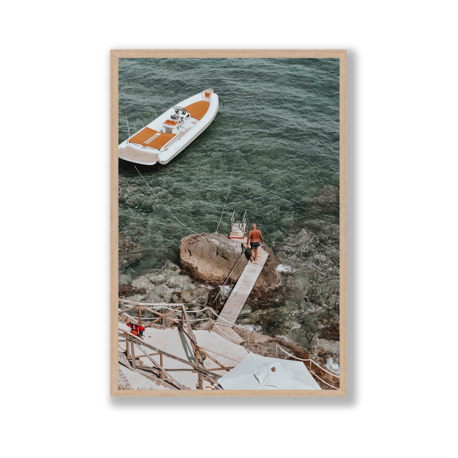 Secret Cove Tuscany coastal Italian wall art Gallery full-bleed fine art print in natural oak frame