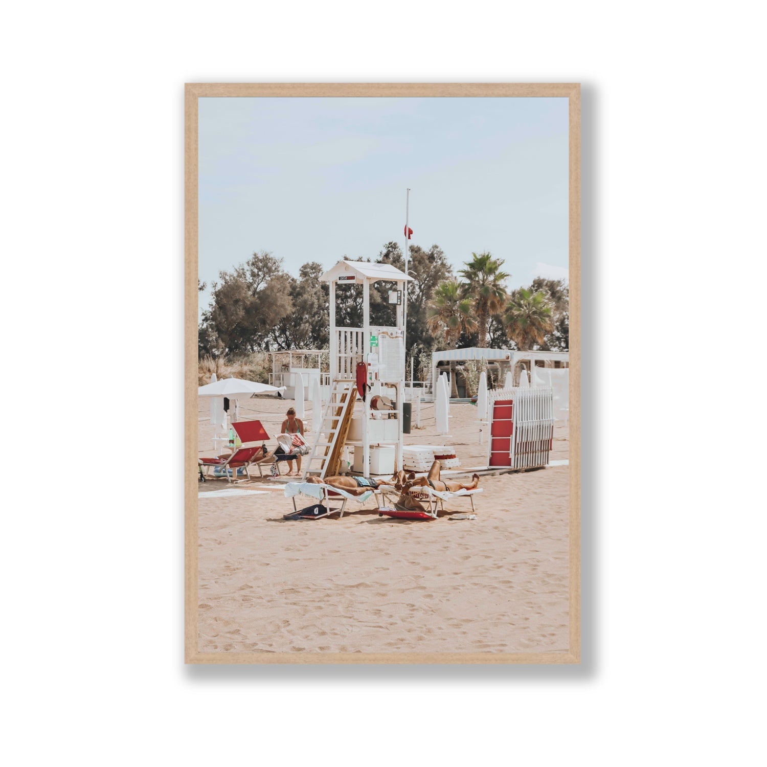Red Lounge Reverie Puglia beach coastal wall art Gallery full-bleed fine art print in natural oak frame