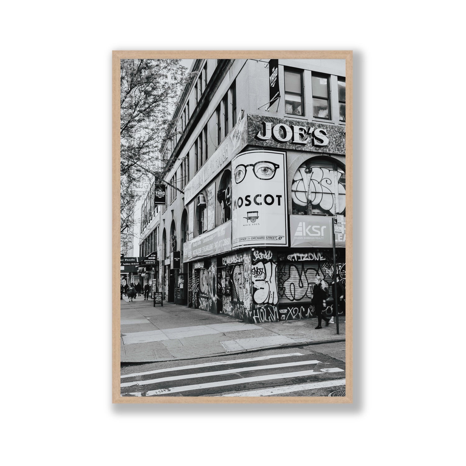 Lower East Side Murals New York NYC Black & White wall art Gallery full-bleed fine art print in natural oak frame