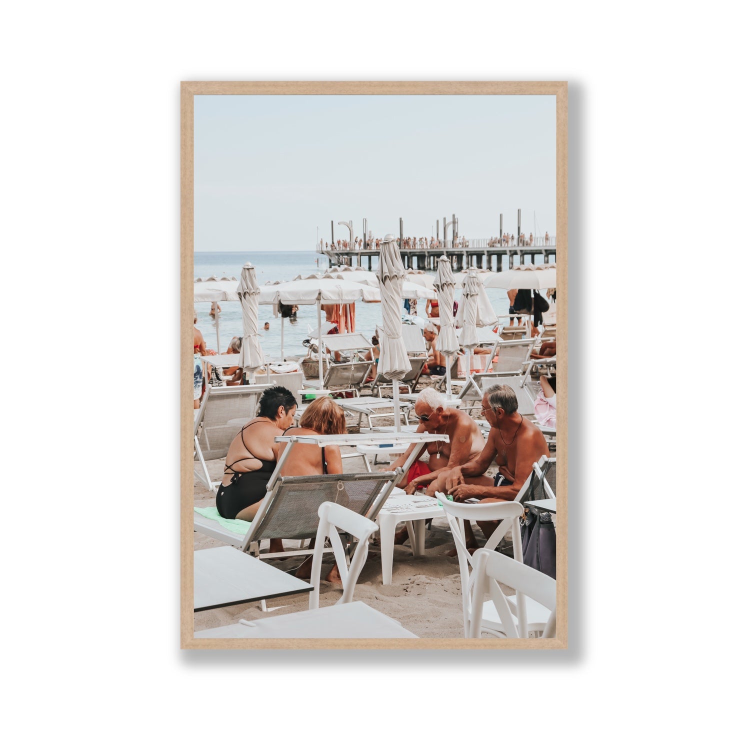 Salted Shuffle fine art print, Alassio, Italy, people and locals artwork, Gallery, Natural Oak Frame · Full Bleed, Fine Art Print