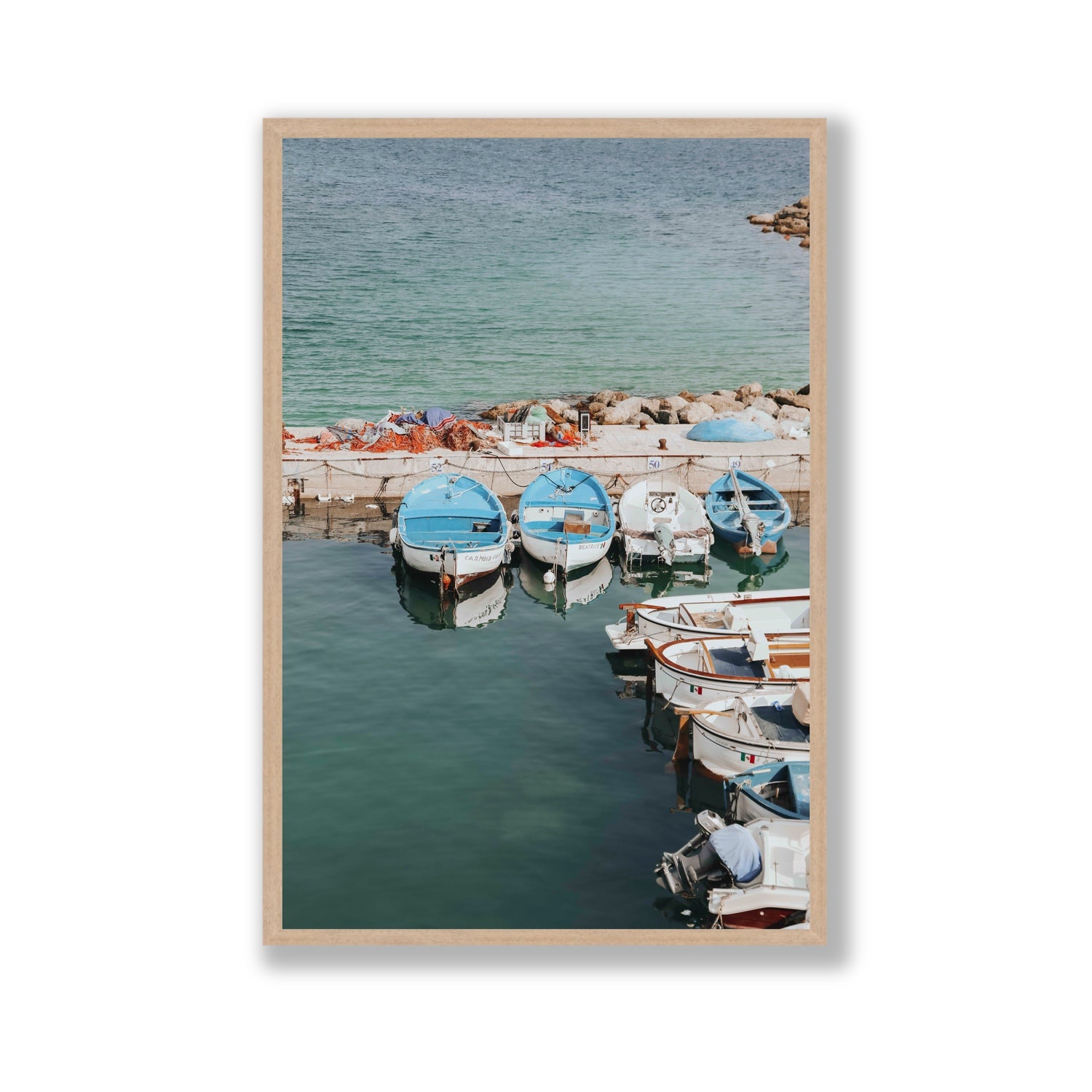 Maritime Memories Puglia Harbour Reflections coastal wall art Gallery full-bleed fine art print in natural oak frame
