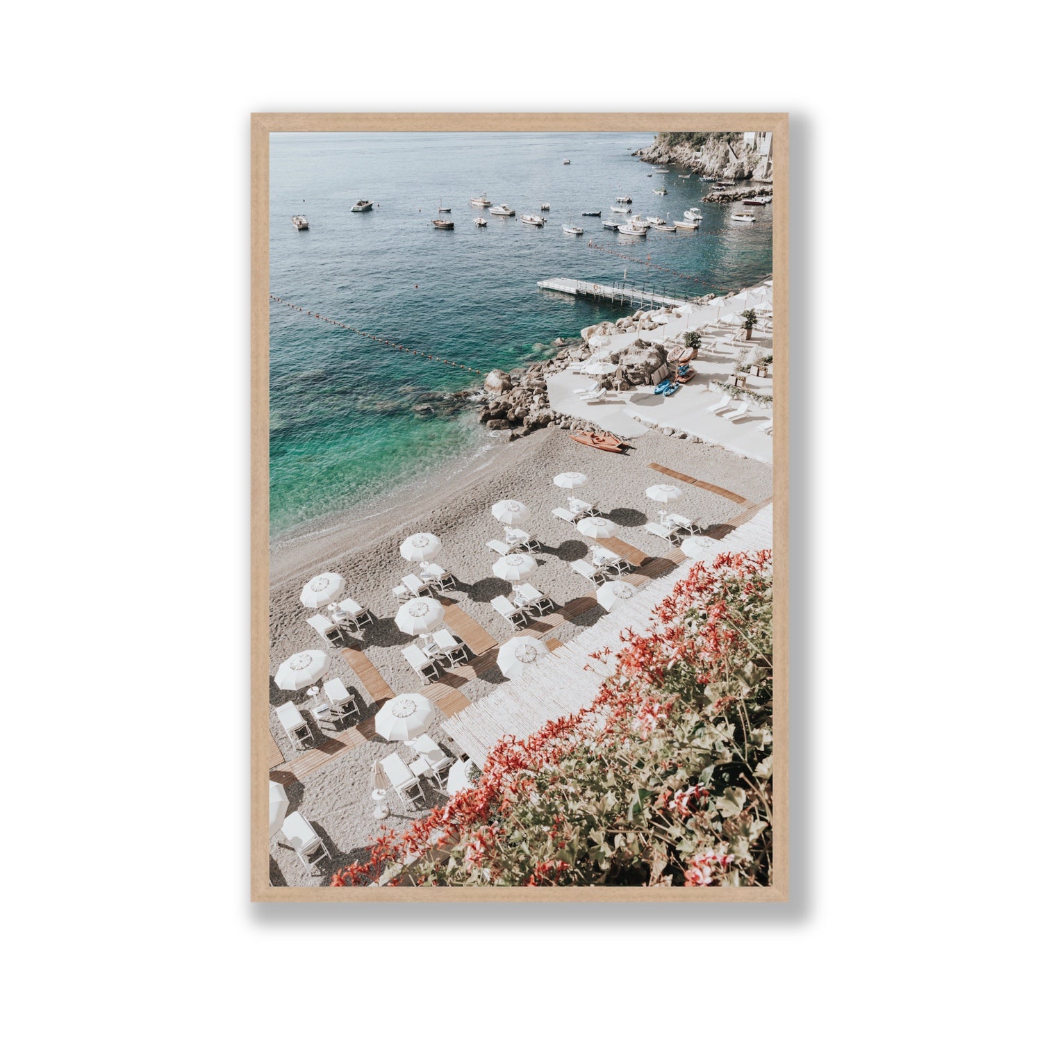 Tranquil Oasis Amalfi coastal wall art Gallery full-bleed fine art print in natural oak frame