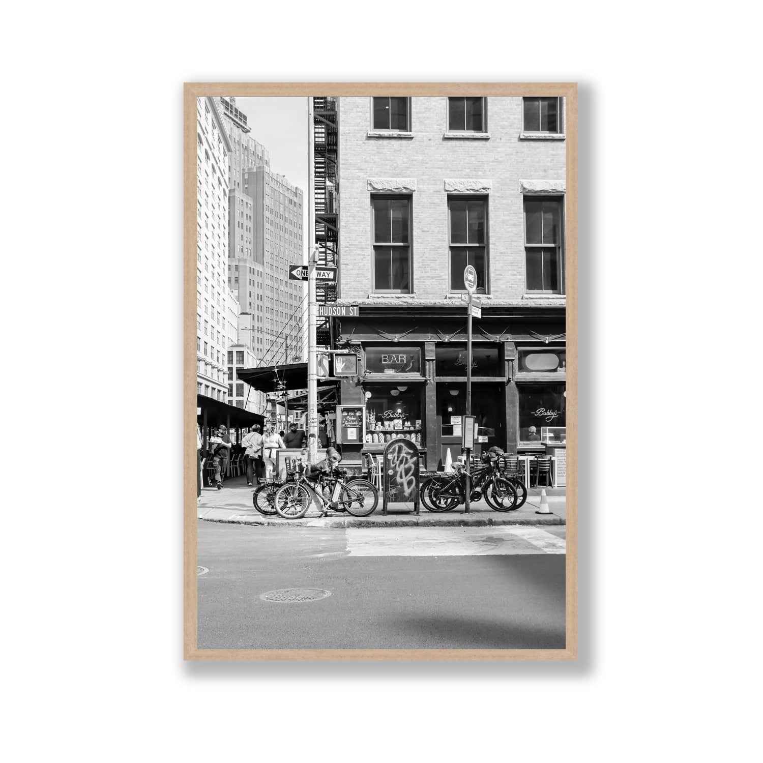 Bites Of The Big Apple New York NYC Black & White wall art Gallery full-bleed fine art print in natural oak frame