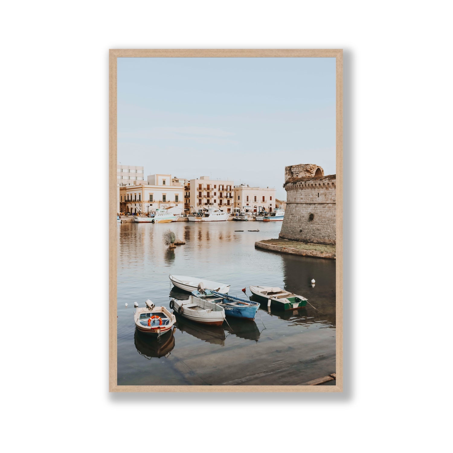 Gallipoli Harbour Puglia coastal wall art Gallery full-bleed fine art print in natural oak frame