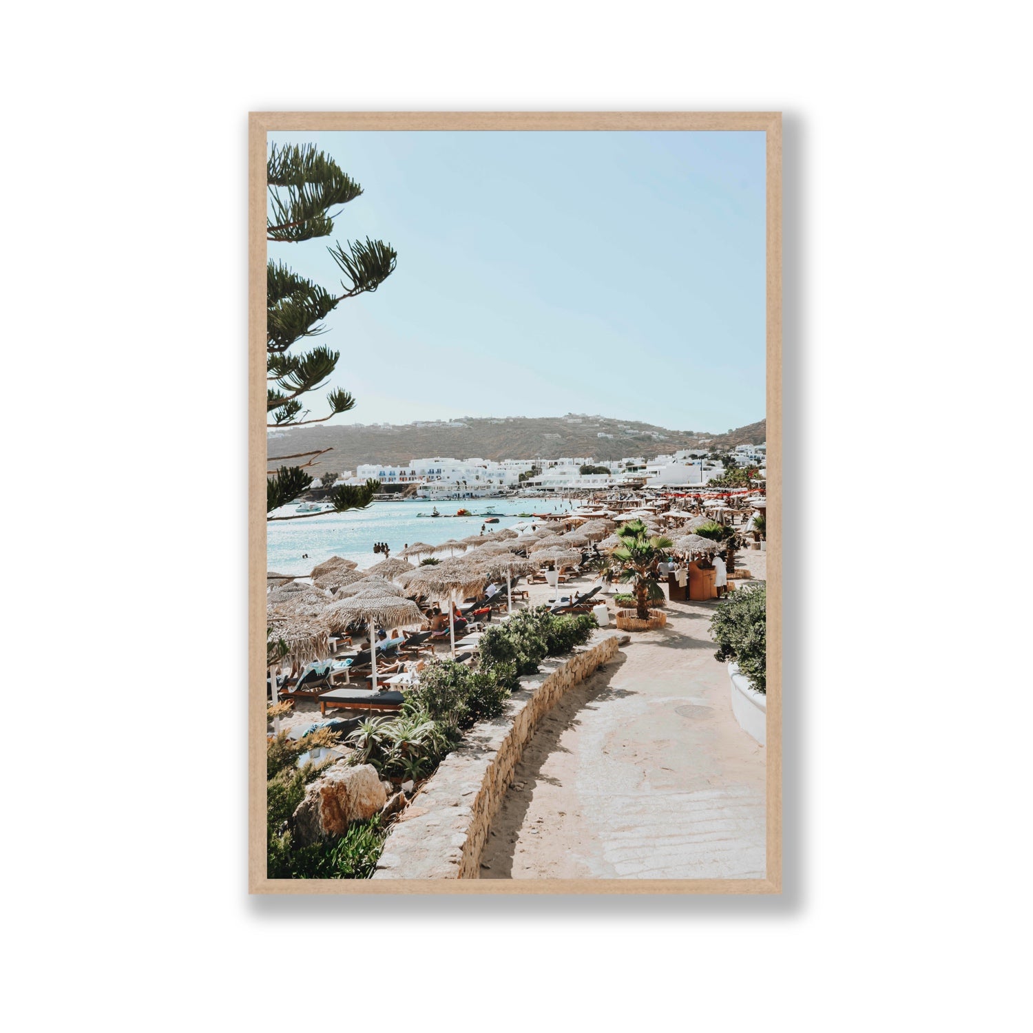 All Roads Lead To The Beach Mykonos Greek island wall art Gallery full-bleed fine art print in natural oak frame