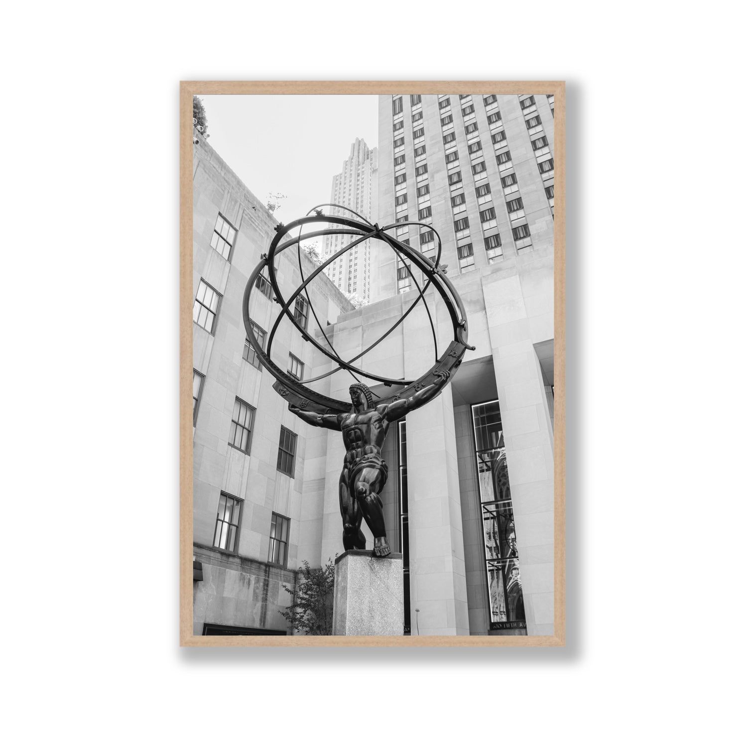 Atlas Ascends New York NYC Black & White wall art Gallery full-bleed fine art print in natural oak frame