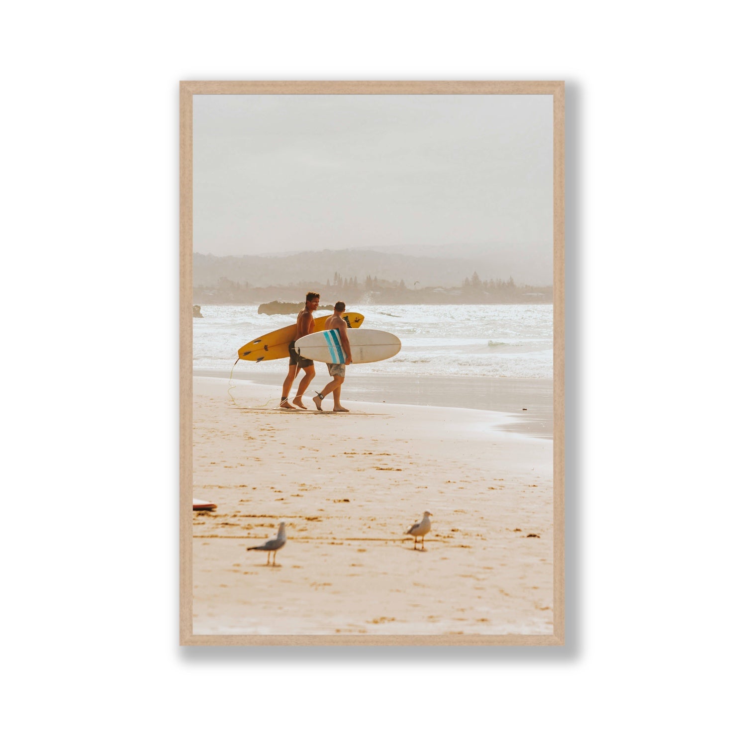 Shane & Benji Byron Bay Surf coastal wall art Gallery full-bleed fine art print in natural oak frame