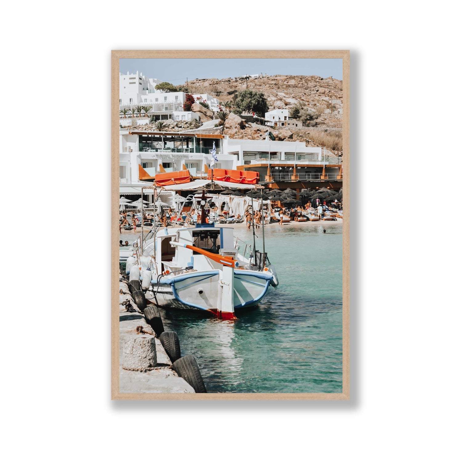 Travel In Style Mykonos Greek island wall art Gallery full-bleed fine art print in natural oak frame
