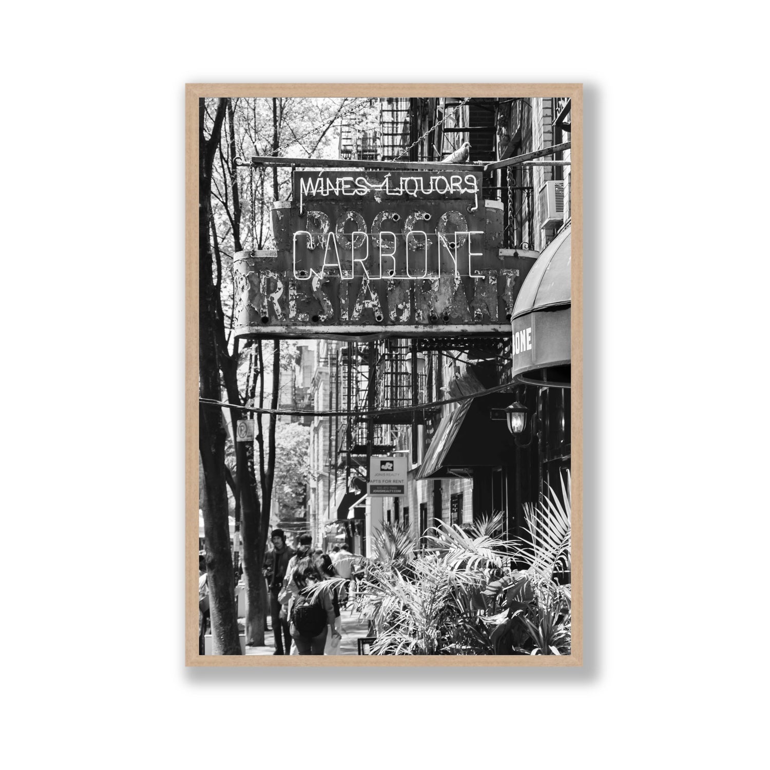 Paparazzi To Pasta New York NYC Black & White wall art Gallery full-bleed fine art print in natural oak frame