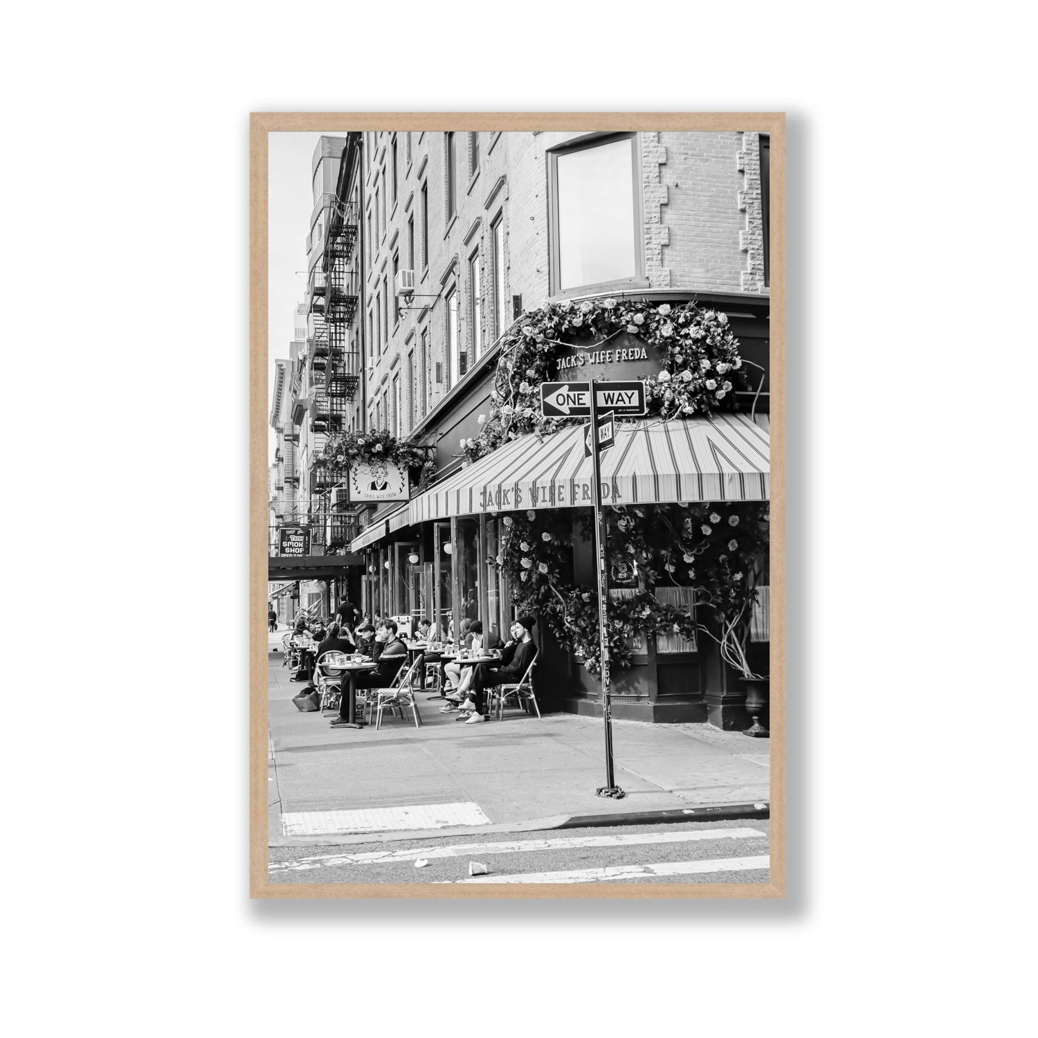 Freda's Feast New York NYC Black & White wall art Gallery full-bleed fine art print in natural oak frame