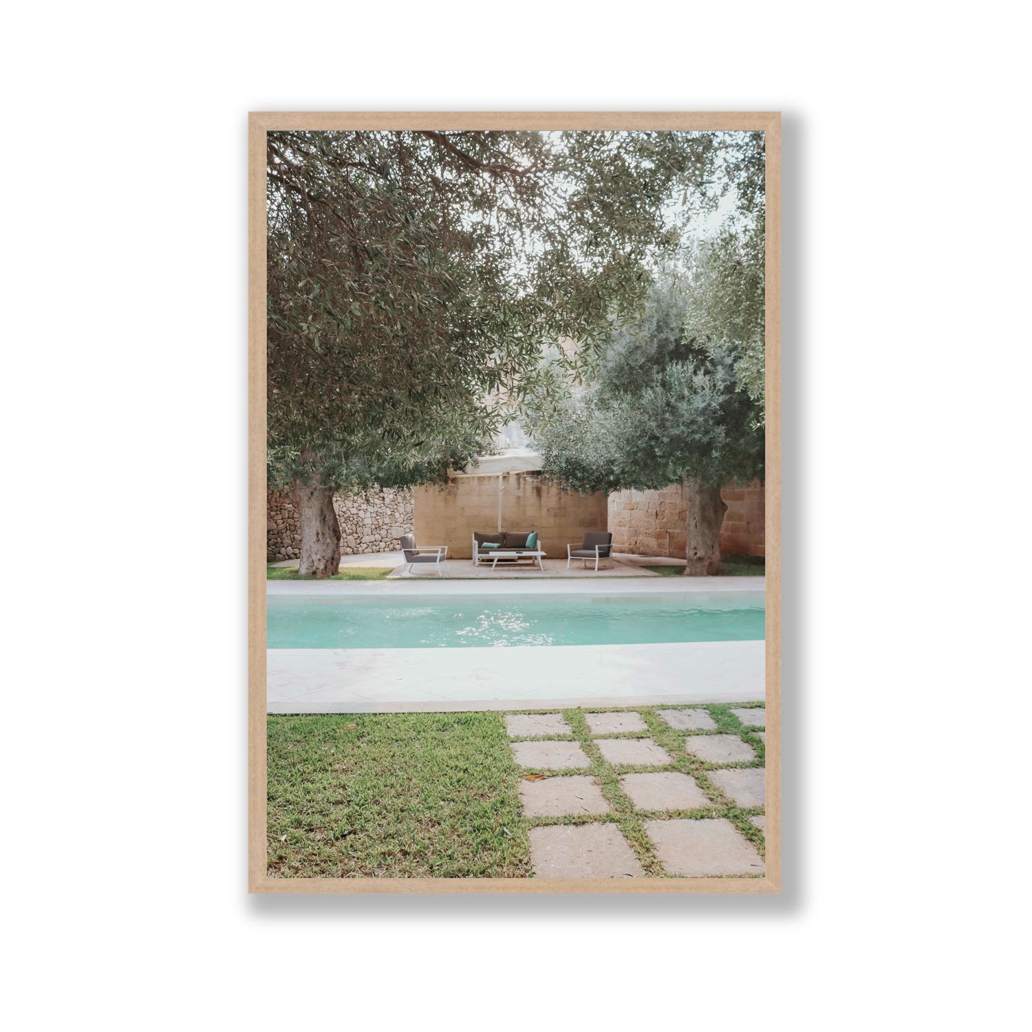 Idyllic Escape Puglia Mediterranean wall art Gallery full-bleed fine art print in natural oak frame