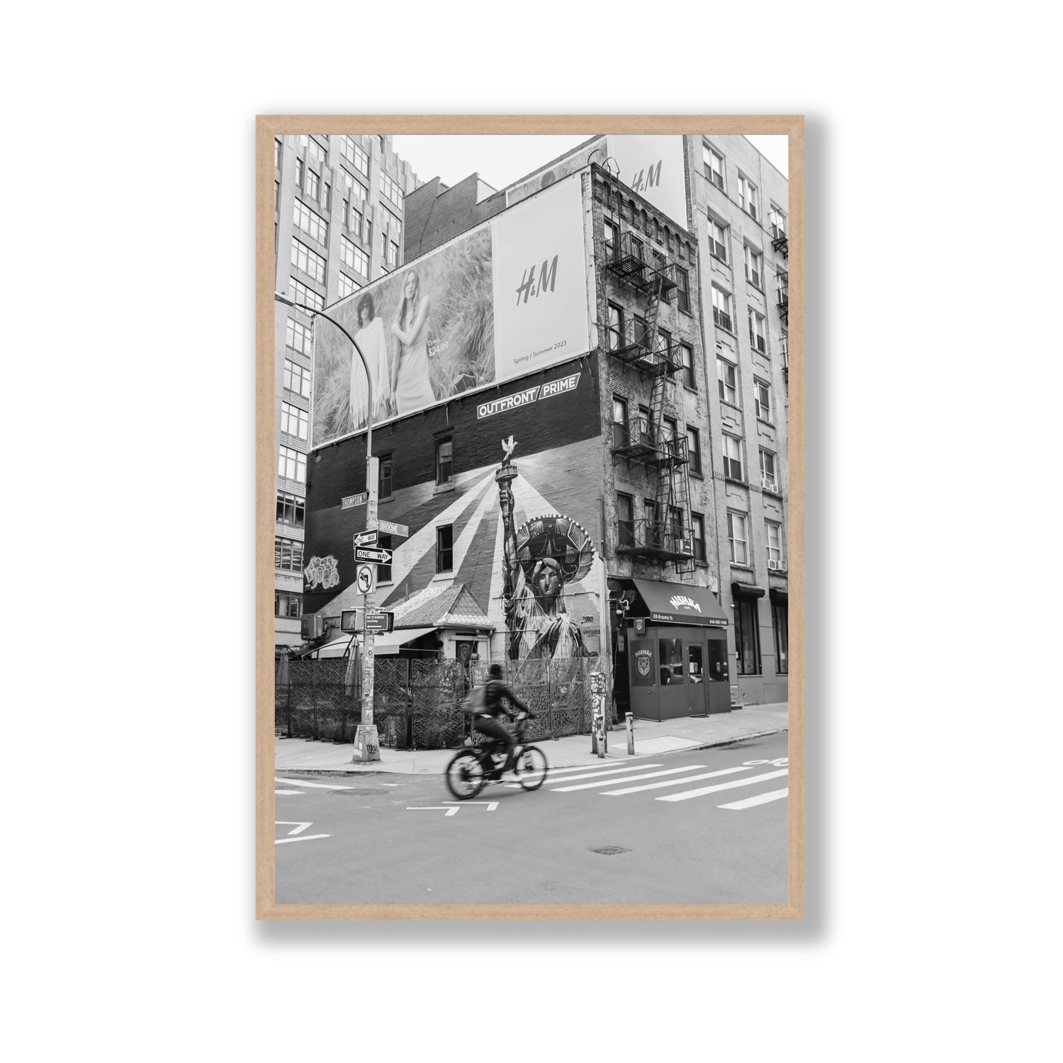 Shadows Of Liberty New York NYC Black & White wall art Gallery full-bleed fine art print in natural oak frame